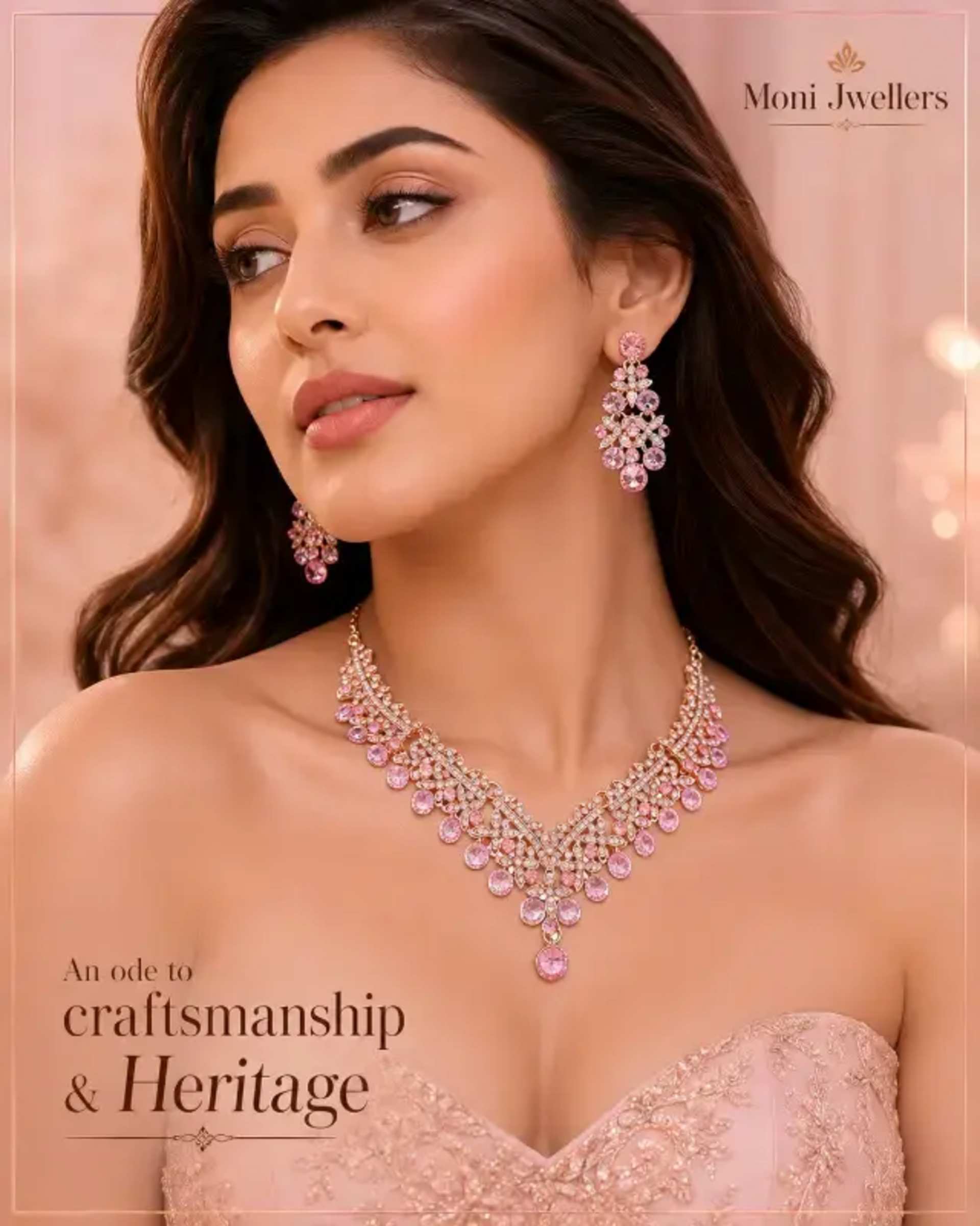 Luxury Necklace: Elegant Heritage Jewelry prompt - Luxury heritage necklace, Fine jewelry advertising, Moni Jwellers collection, Elegant women's necklace, Intricate craftsmanship, Gemstone pendant design, High-end jewelry portrait, Couture fashion jewelry, Premium product photography, Realistic jewelry rendering