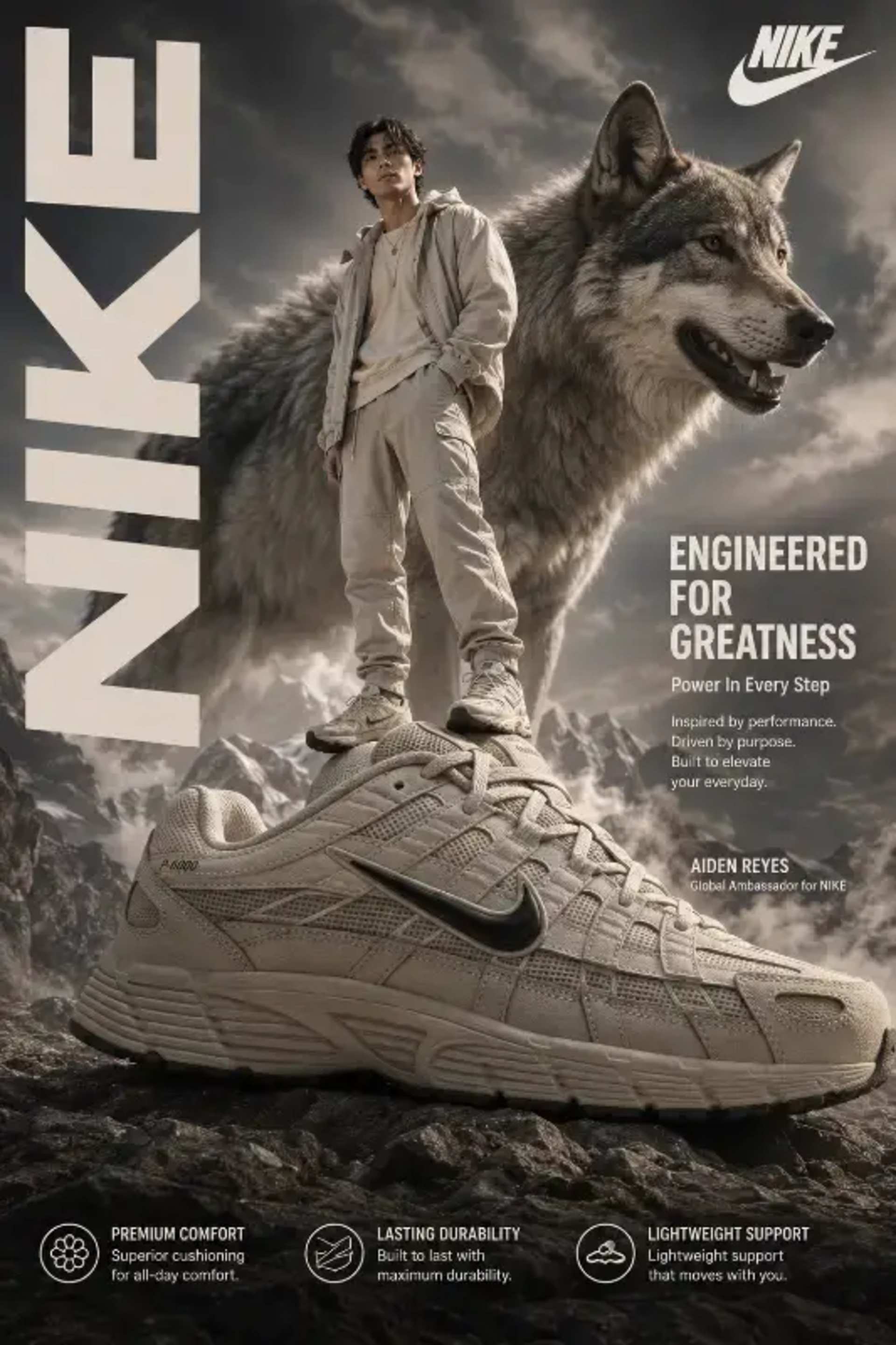 Footwear Ad: Engineered for Greatness - AI Prompt by Prince Sharma Footwear Ad: Engineered for Greatness prompt - Nike footwear campaign, Premium shoe advertising, Oversized shoe photography, Aiden Reyes ambassador, Majestic wolf imagery, Cinematic mountain scene, Luxury sportswear ad, Ultra-realistic product, High-fashion editorial, Footwear comfort durability