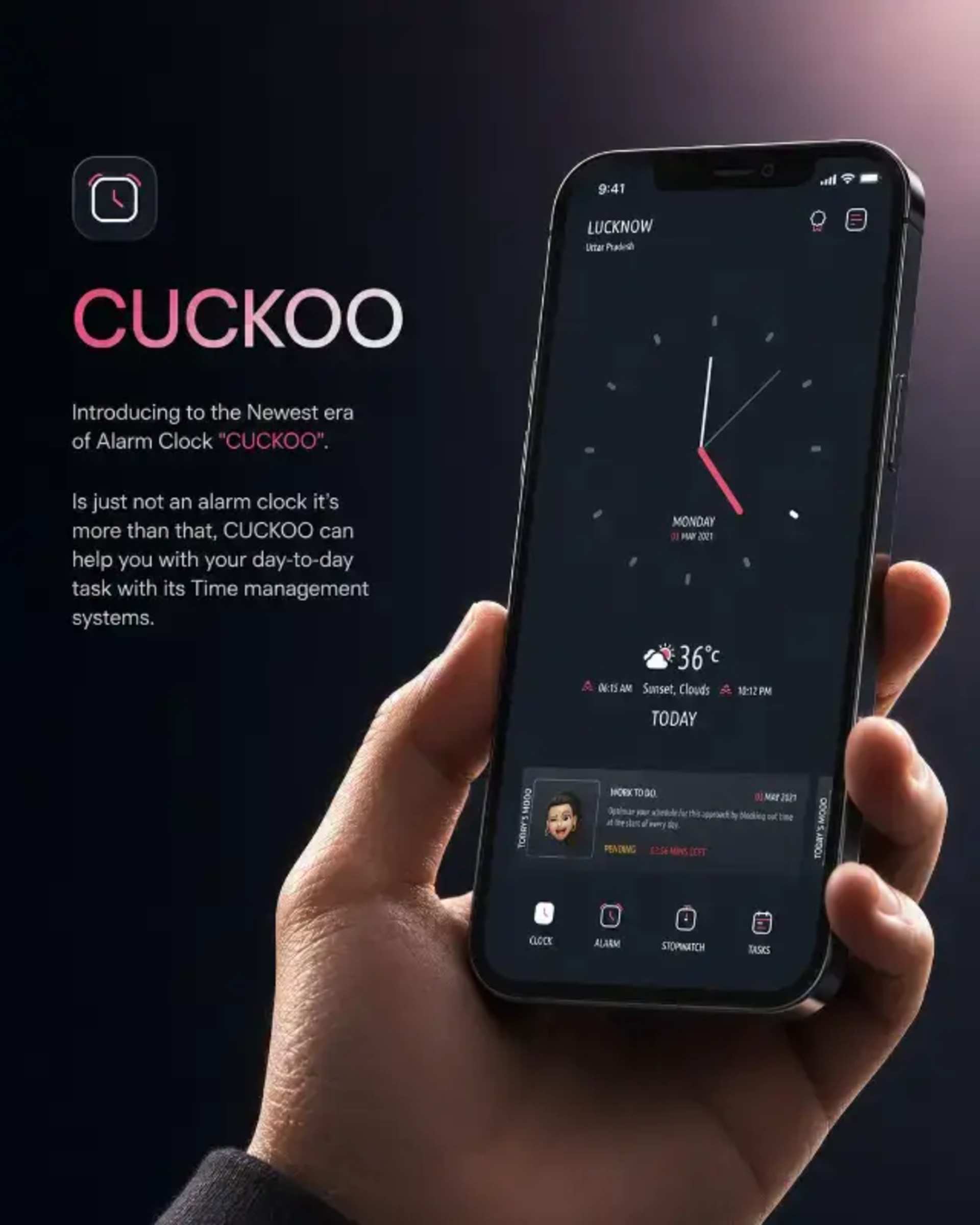 Premium Mobile Ad Design with Cinematic Look prompt - premium mobile ad, 4K app advertisement, cinematic product photography, luxury mobile campaign, CUCKOO alarm clock app, human hand interaction, editorial design, smartphone advertising, asymmetrical composition