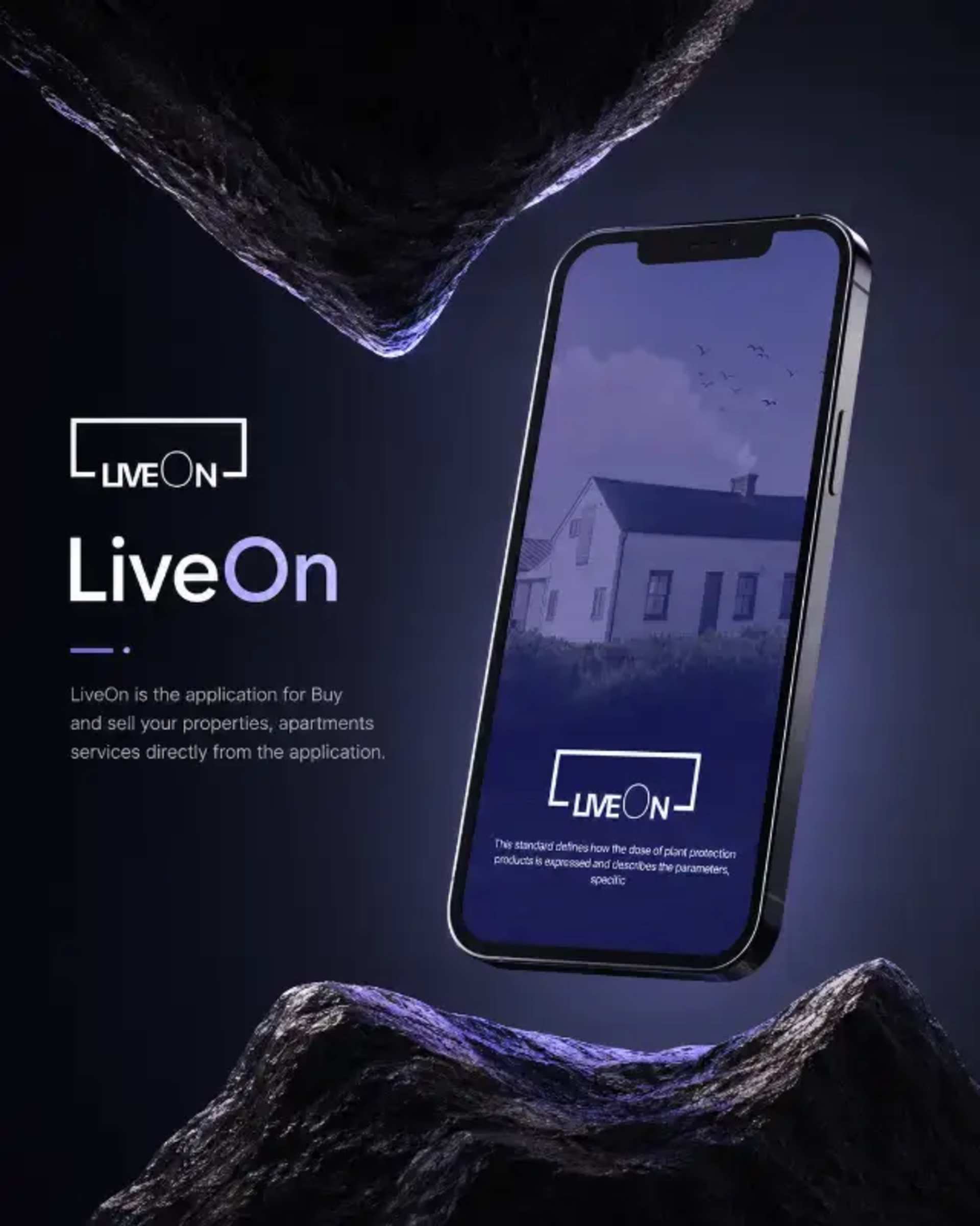 LiveOn Property App: Luxury Ad | Floating Phone, Sculptural Rocks prompt - mobile app advertising, luxury product photography, floating smartphone, dark sculptural rocks, real estate application, cinematic product ad, architectural product design, property buying selling app, premium 4K mobile ad, LiveOn app display