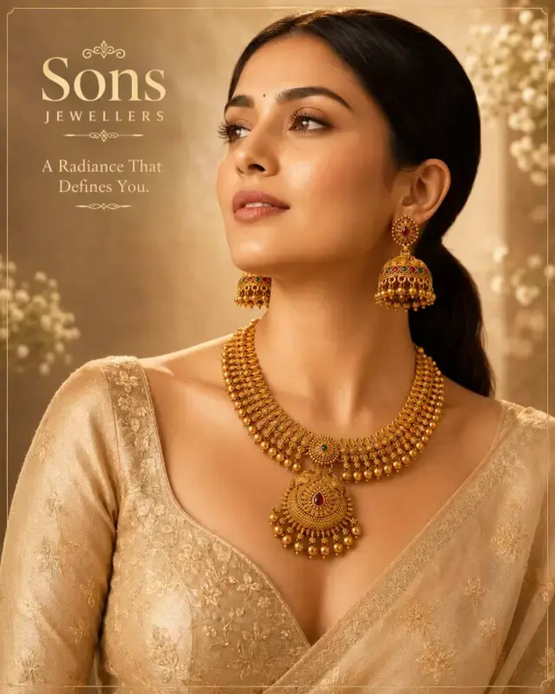 Jewellery: Luxury Necklace Set - Elegant Indian Woman prompt - Luxury Necklace Set, Jewellery Campaign, Elegant Indian Woman, High-End Jewelry Ad, Commercial Photography, Gemstone Filigree Design, Studio Portrait Jewelry, Premium Fashion Jewelry, Product Fidelity Jewelry
