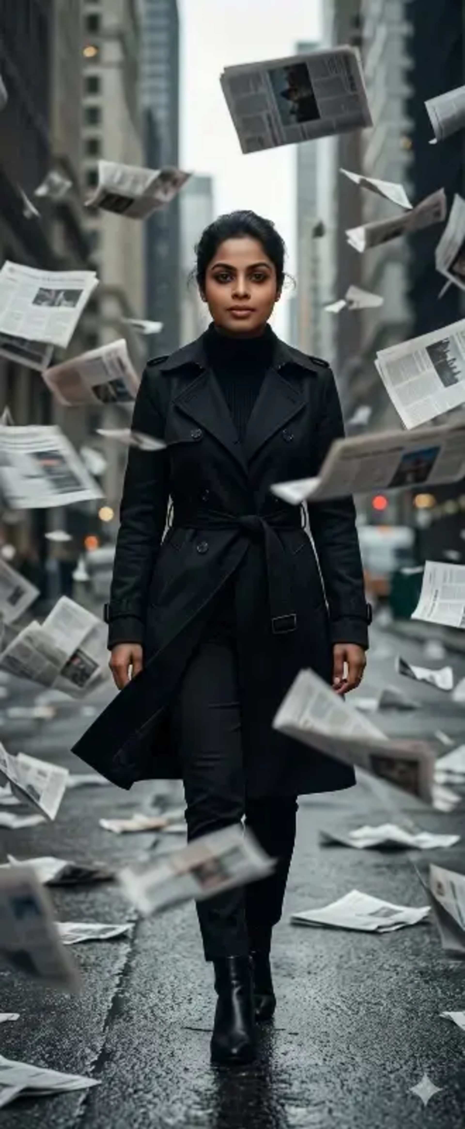 High Fashion Windstorm: Flying Newspaper Portrait - AI Prompt by Moni Sharma High Fashion Windstorm: Flying Newspaper Portrait prompt - High Fashion Editorial, Urban Windstorm Portrait, Flying Newspapers Photography, Freeze Frame Fashion, Cinematic Street Style, Luxury Magazine Cover, Motion Blur Background, Hyper Realistic Fashion, Dramatic Editorial Lighting, City Fashion Shoot
