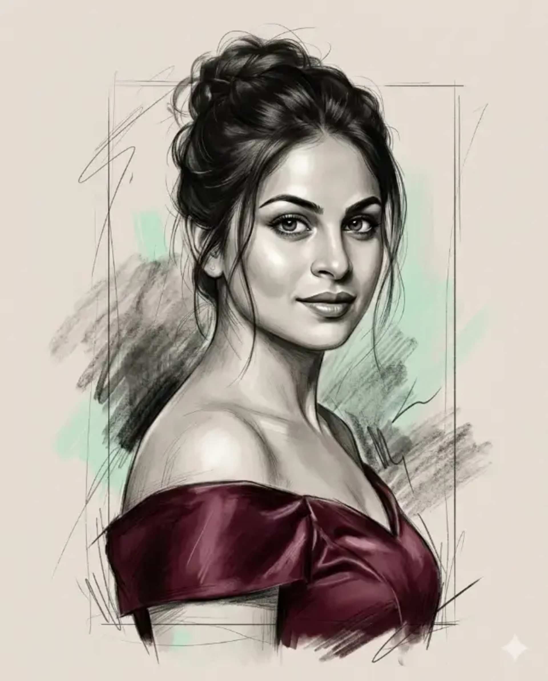 Elegant Woman Portrait: Painterly Fashion Sketch - AI Prompt by Moni Sharma Elegant Woman Portrait: Painterly Fashion Sketch prompt - Painterly Fashion Portrait, Elegant Woman Artwork, Mixed Media Sketch, Charcoal Graphite Drawing, Luxury Editorial Art, Burgundy Satin Gown, Emerald Eyes Portrait, Dramatic Studio Lighting, Realistic Feminine Portrait, Couture Fashion Illustration