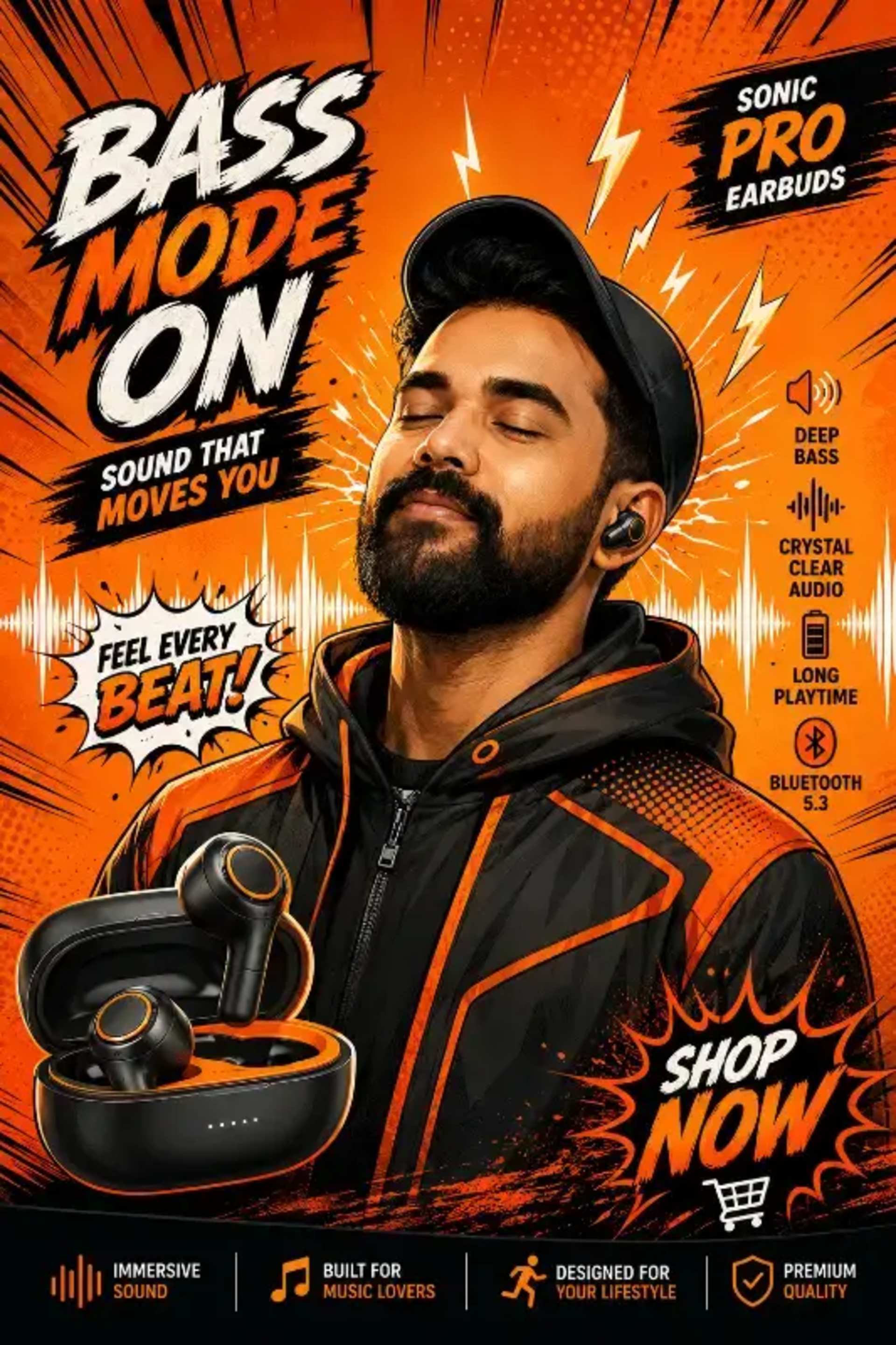 Pop Art Earbuds Ad: Immersive Audio Experience prompt - Wireless Earbuds Ad, Pop Art Illustration, Comic Style Marketing, Immersive Audio Experience, Deep Bass Sound, Social Media Campaign, Modern Streetwear Fashion, Digital Product Advertising, Cutting-Edge Audio Tech, Vibrant Pop Art