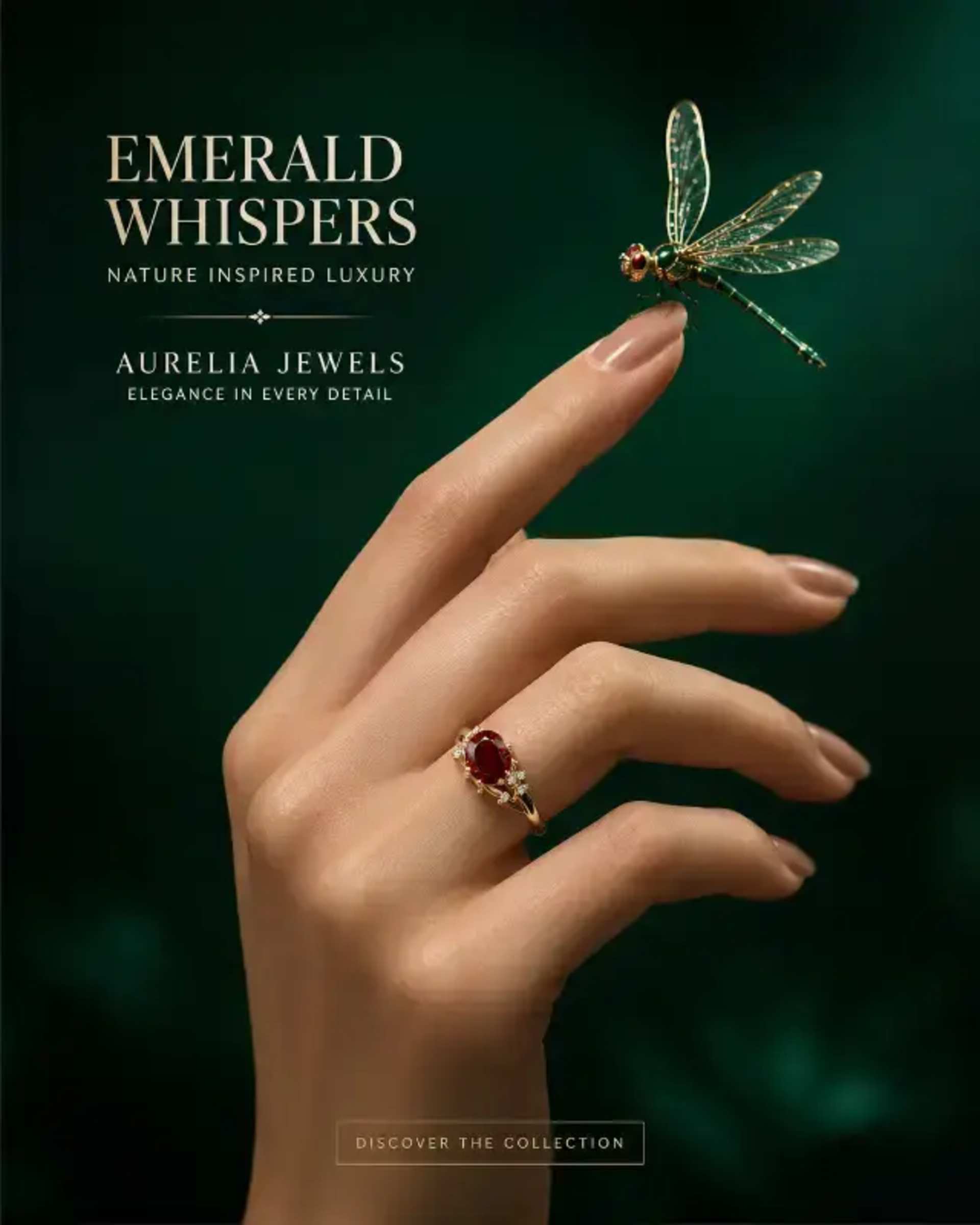 Elegant Emerald Ring: Nature-Inspired Luxury Jewelry prompt - luxury emerald ring, diamond halo ring, nature inspired jewelry, dragonfly jewelry, fine jewelry advertisement, premium product photography, high fashion jewelry, emerald green aesthetic, boutique luxury campaign, elegant hand jewelry