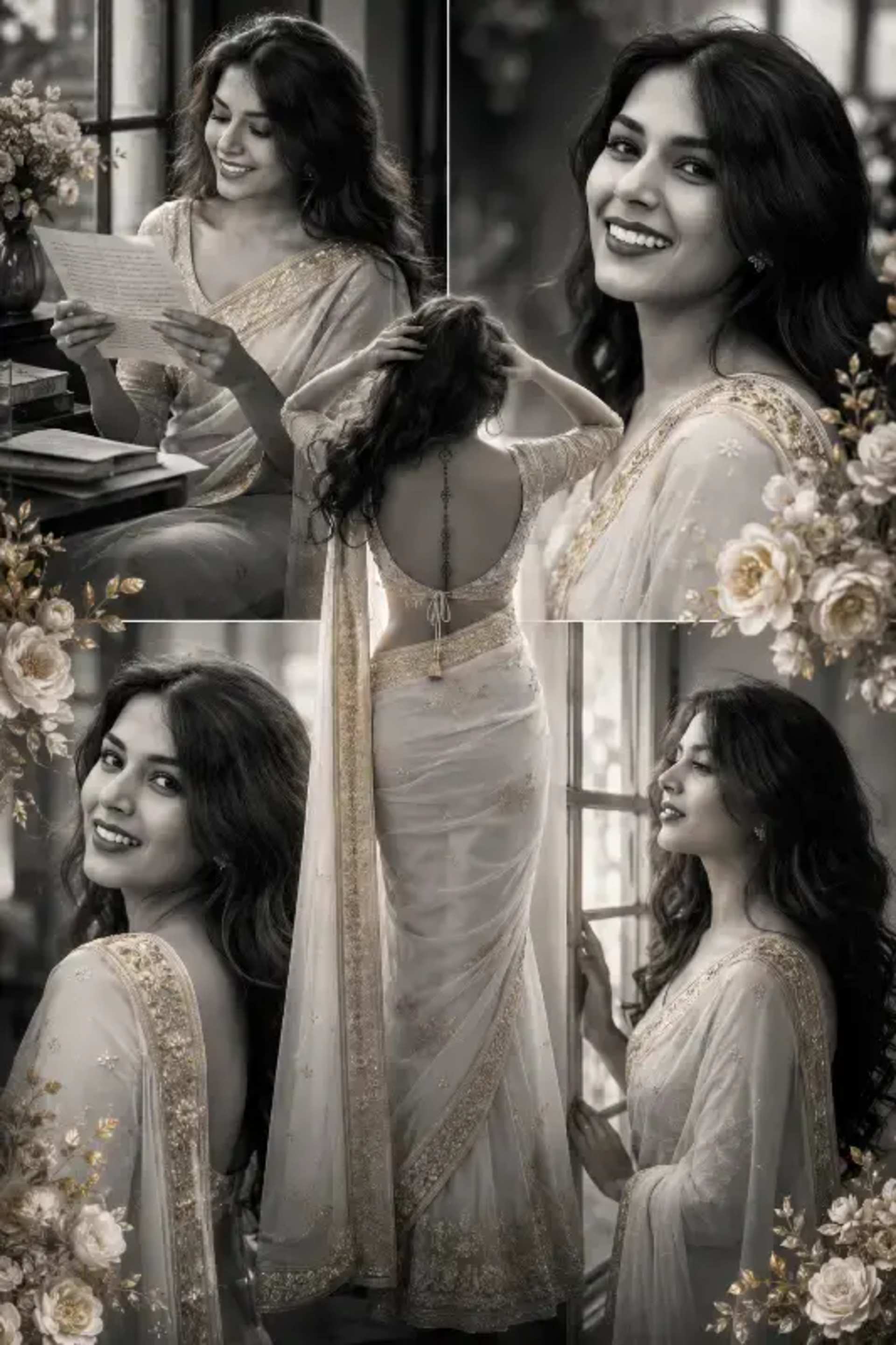 Elegant South Asian Woman: Sari Fashion Editorial - AI Prompt by Moni Sharma Elegant South Asian Woman: Sari Fashion Editorial prompt - South Asian woman, Luxury sari, Cinematic collage, Black and white portrait, Fashion editorial photography, Fine art portraiture, Selective color accents, Traditional attire, Elegant feminine style, Hyper-realistic image