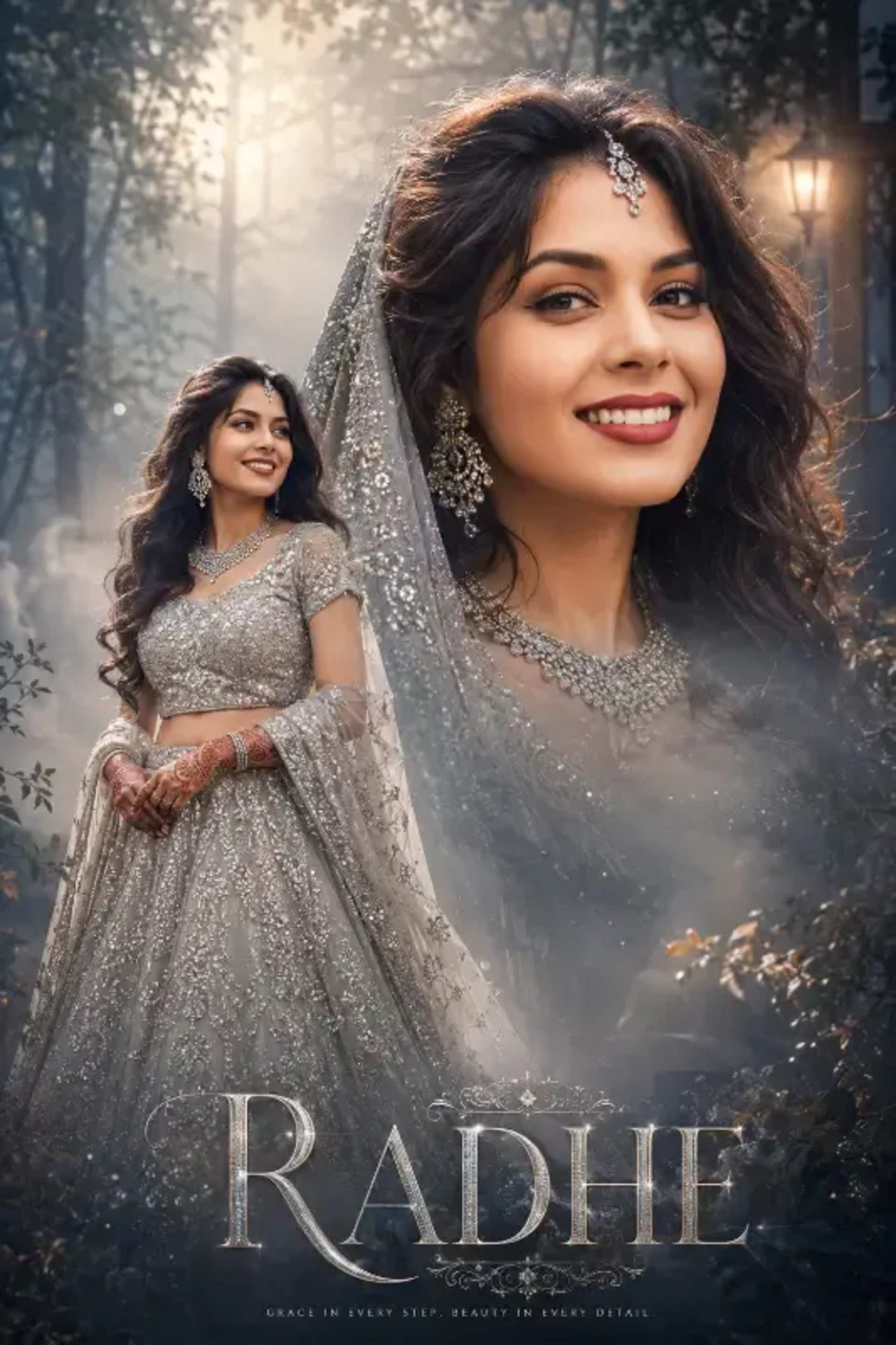 Indian Bride: Silver Lehenga & Dreamy Cinematic Art - AI Prompt by Moni Sharma Indian Bride: Silver Lehenga & Dreamy Cinematic Art prompt - Indian bride portrait, Silver lehenga gown, Diamond bridal jewelry, Double exposure art, Cinematic wedding poster, Misty forest background, Bridal mehndi designs, Luxury wedding fashion, Ultra-realistic image, 8K resolution photo