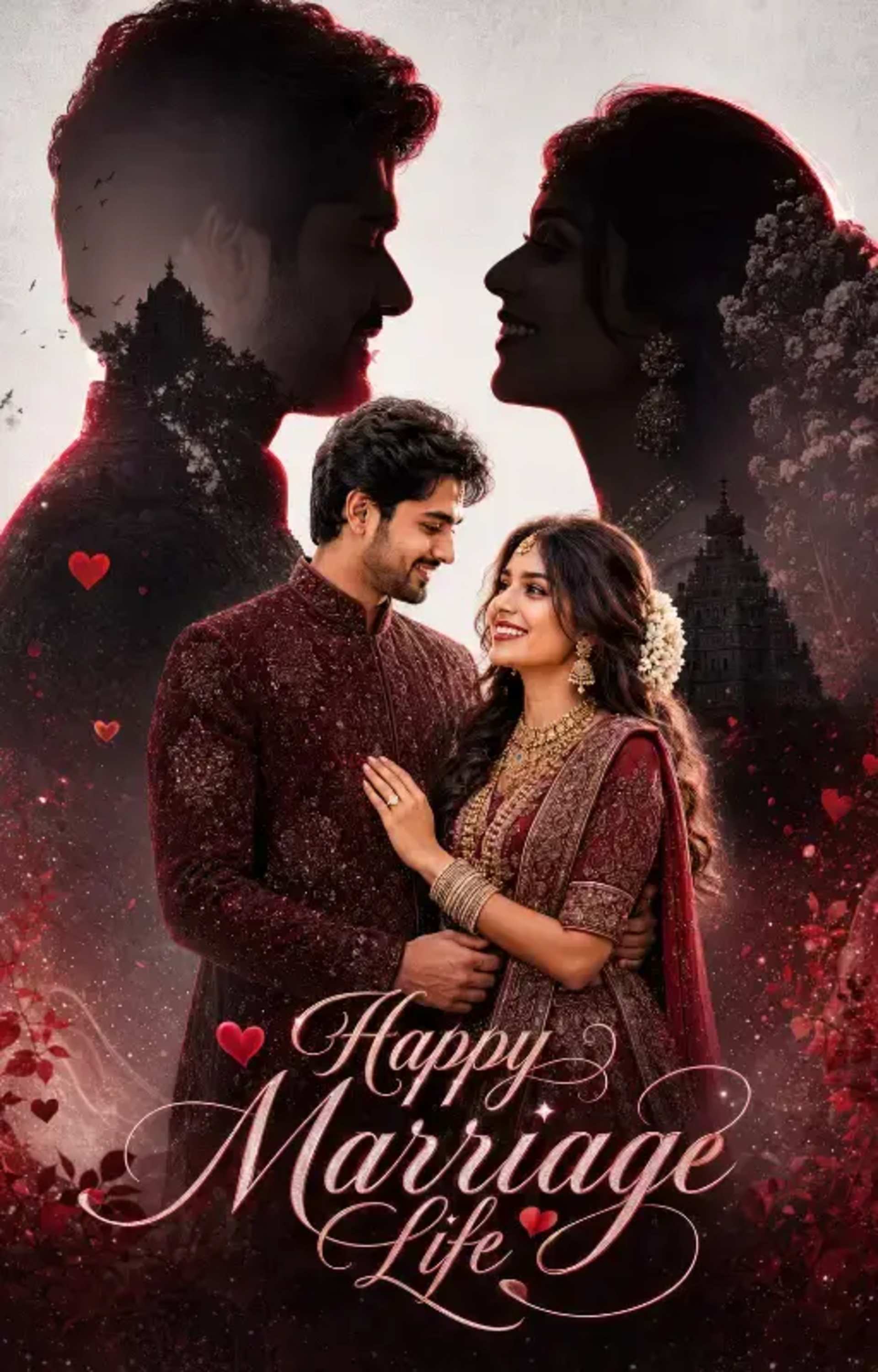 Cinematic South Indian Wedding Poster - AI Prompt by Moni Sharma Cinematic South Indian Wedding Poster prompt - South Indian wedding poster, Cinematic wedding photography, Luxury wedding album cover, Romantic couple portrait, Double exposure art, Maroon wedding outfits, Realistic facial details, 8K wedding imagery, Indian bridal fashion, Wedding celebration poster