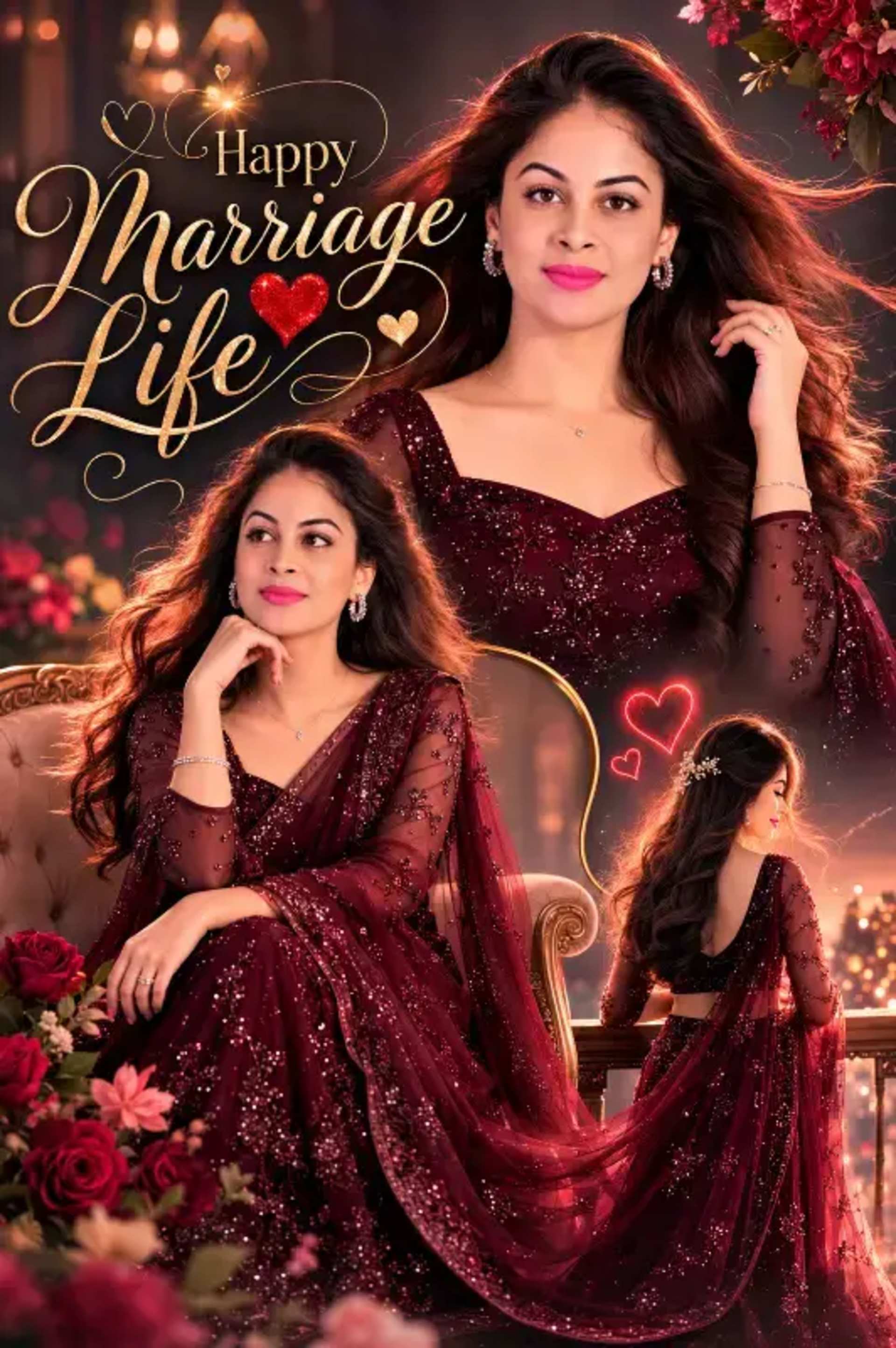 Cinematic South Indian Wedding Poster: Maroon Love - AI Prompt by Moni Sharma Cinematic South Indian Wedding Poster: Maroon Love prompt - South Indian Wedding Poster, Cinematic Wedding Album, Luxury Wedding Photography, Double Exposure Portrait, Maroon Wedding Outfits, Indian Bridal Fashion, Romantic Couple Art, Hyper Realistic Faces, Wedding Poster Design, Trending Wedding Visuals