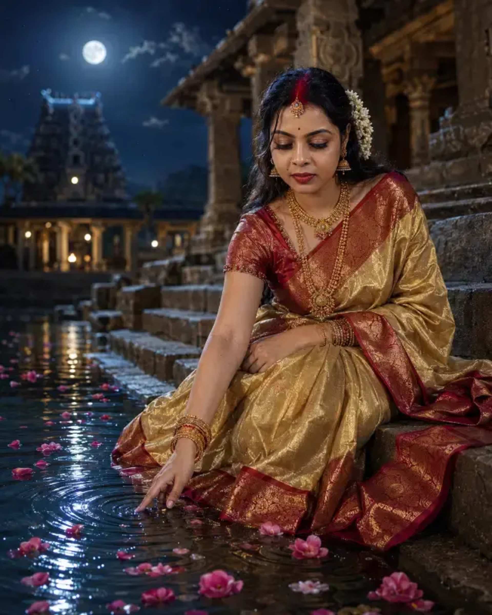 Moonlit Indian Temple: Indian woman portrait - AI Prompt by Moni Sharma Moonlit Indian Temple: Indian woman portrait prompt - Indian woman portrait, South Indian temple, Sacred water, Moonlit night scene, Traditional silk saree, Gold temple jewelry, Contemplative gaze, Ancient architecture, Realistic portraiture, Cultural heritage