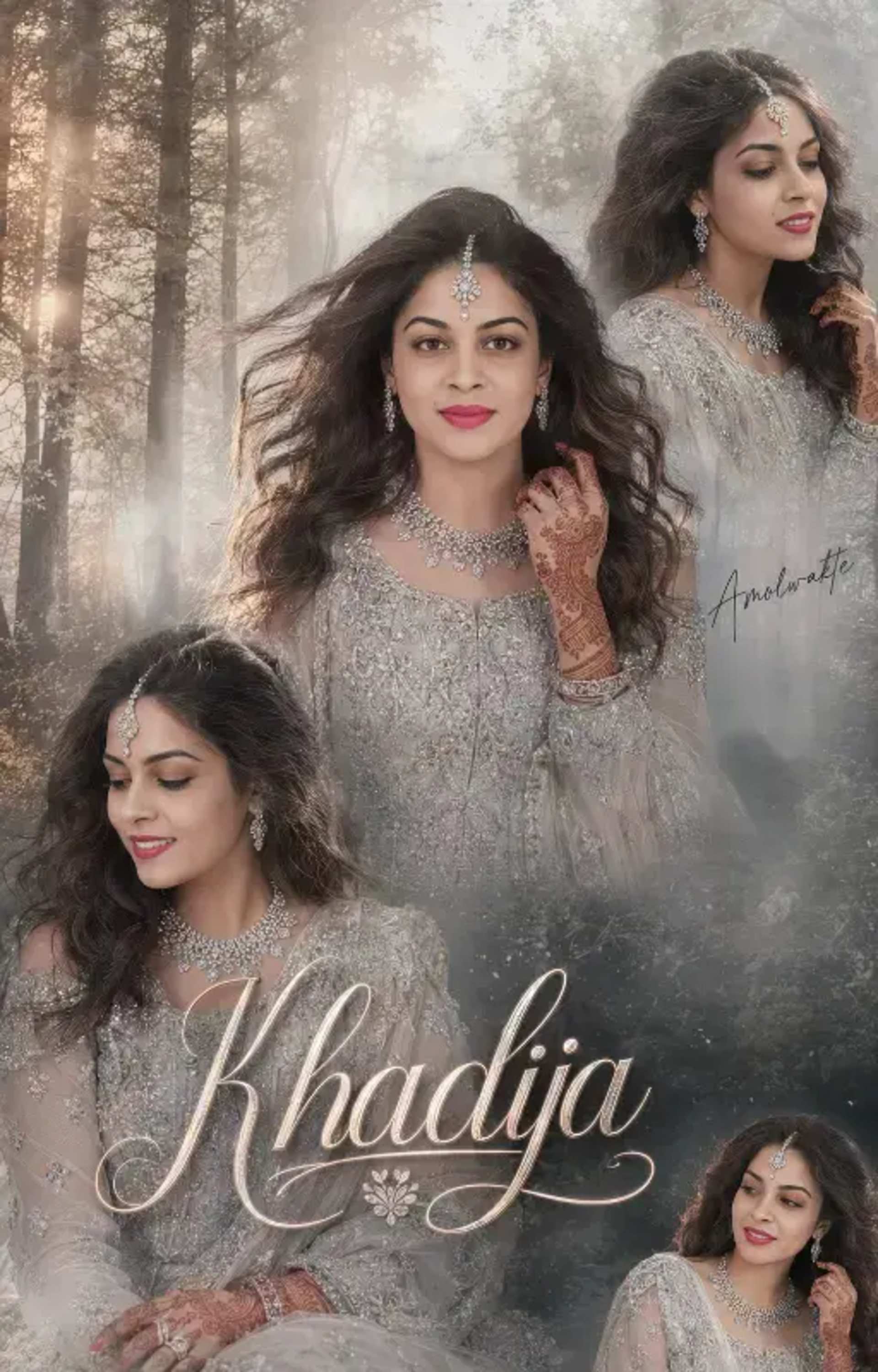 Cinematic Indian Bridal Poster: Silver Lehenga Look - AI Prompt by Moni Sharma Cinematic Indian Bridal Poster: Silver Lehenga Look prompt - Indian bridal portrait, Silver lehenga design, Cinematic wedding art, Double exposure photography, Ultra realistic bride, Luxury wedding editorial, Dreamy forest photography, Diamond bridal set, Mehndi art hands, Facial identity match