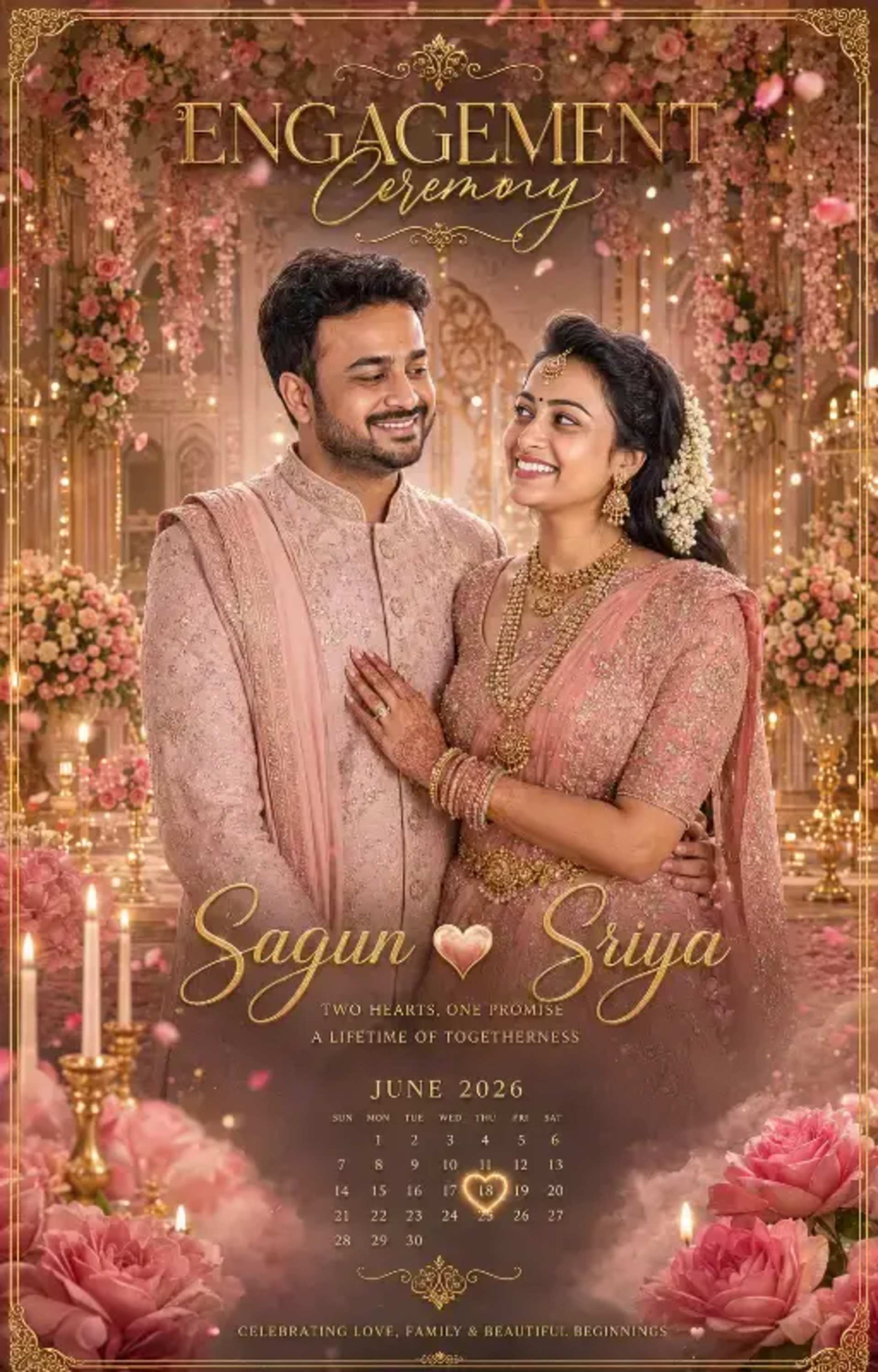 Cinematic Telugu Engagement: Luxury Pink & Gold - AI Prompt by Moni Sharma Cinematic Telugu Engagement: Luxury Pink & Gold prompt - telugu engagement poster, cinematic wedding invite, luxury south indian wedding, royal palace engagement, pink gold theme, traditional temple jewelry, hyper realistic couple, indian engagement ceremony, pastel pink bridal