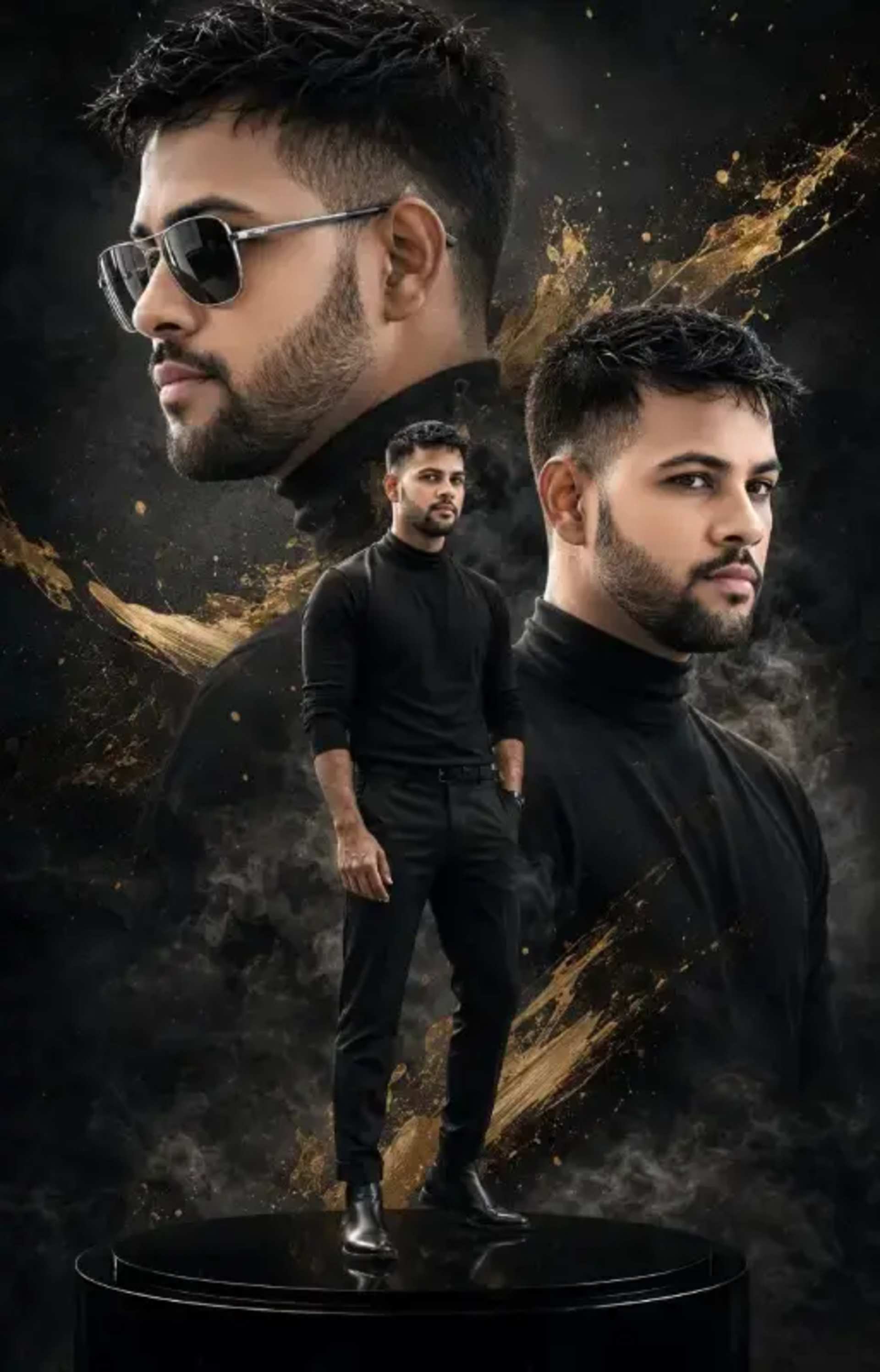 Cinematic Double Exposure: Luxury Man Poster - AI Prompt by Moni Sharma Cinematic Double Exposure: Luxury Man Poster prompt - cinematic movie poster, double exposure portrait, luxury fashion photography, man portrait studio, black turtleneck style, silver aviator sunglasses, golden paint splash, editorial poster design, realistic human face, character poster design