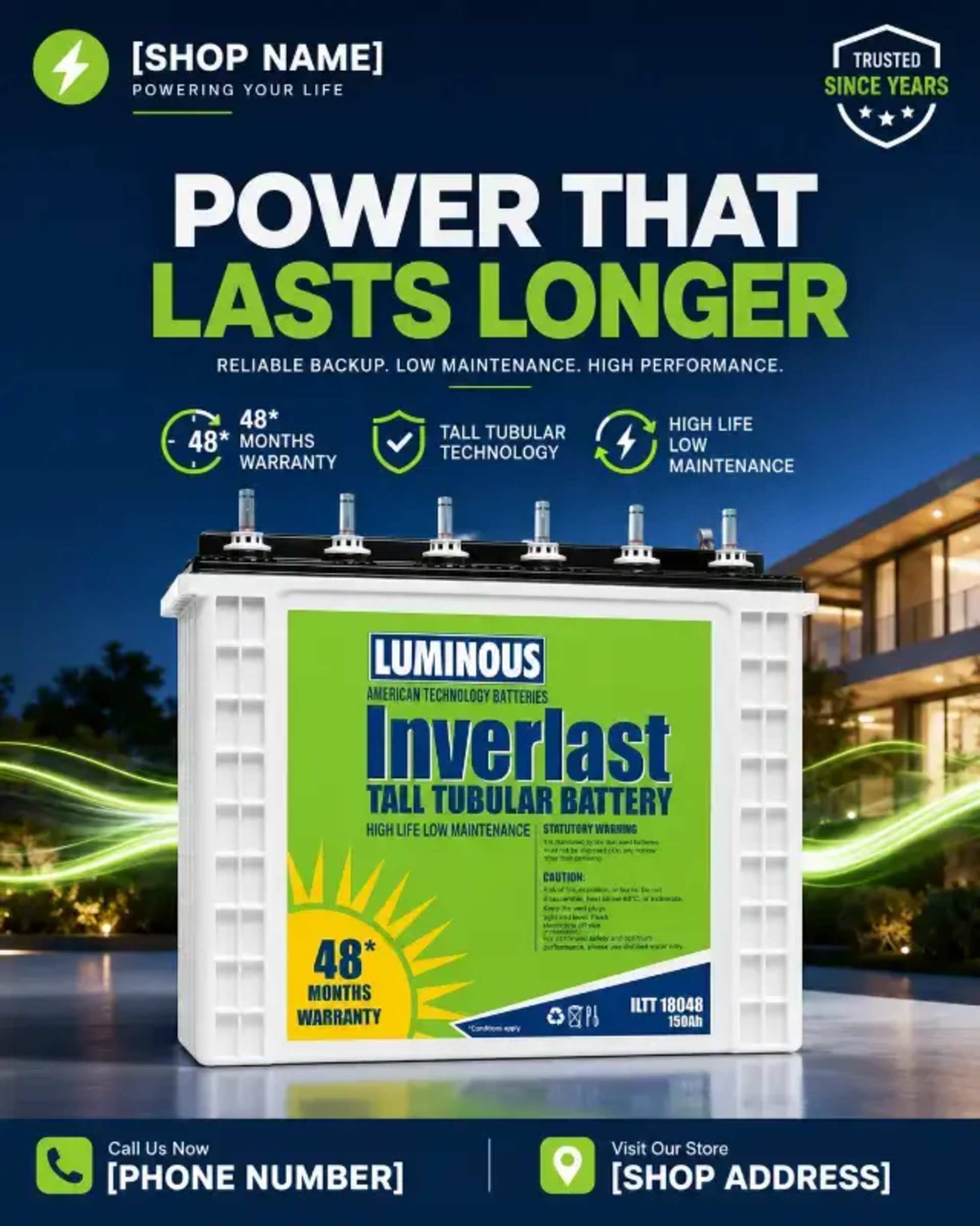 Premium Power Backup Ads for Social Media & Print prompt - power backup advertising, inverter battery ad, solar power solutions, social media ad design, premium product photography, commercial power ads, energy product marketing, lithium battery promotion, UPS advertising