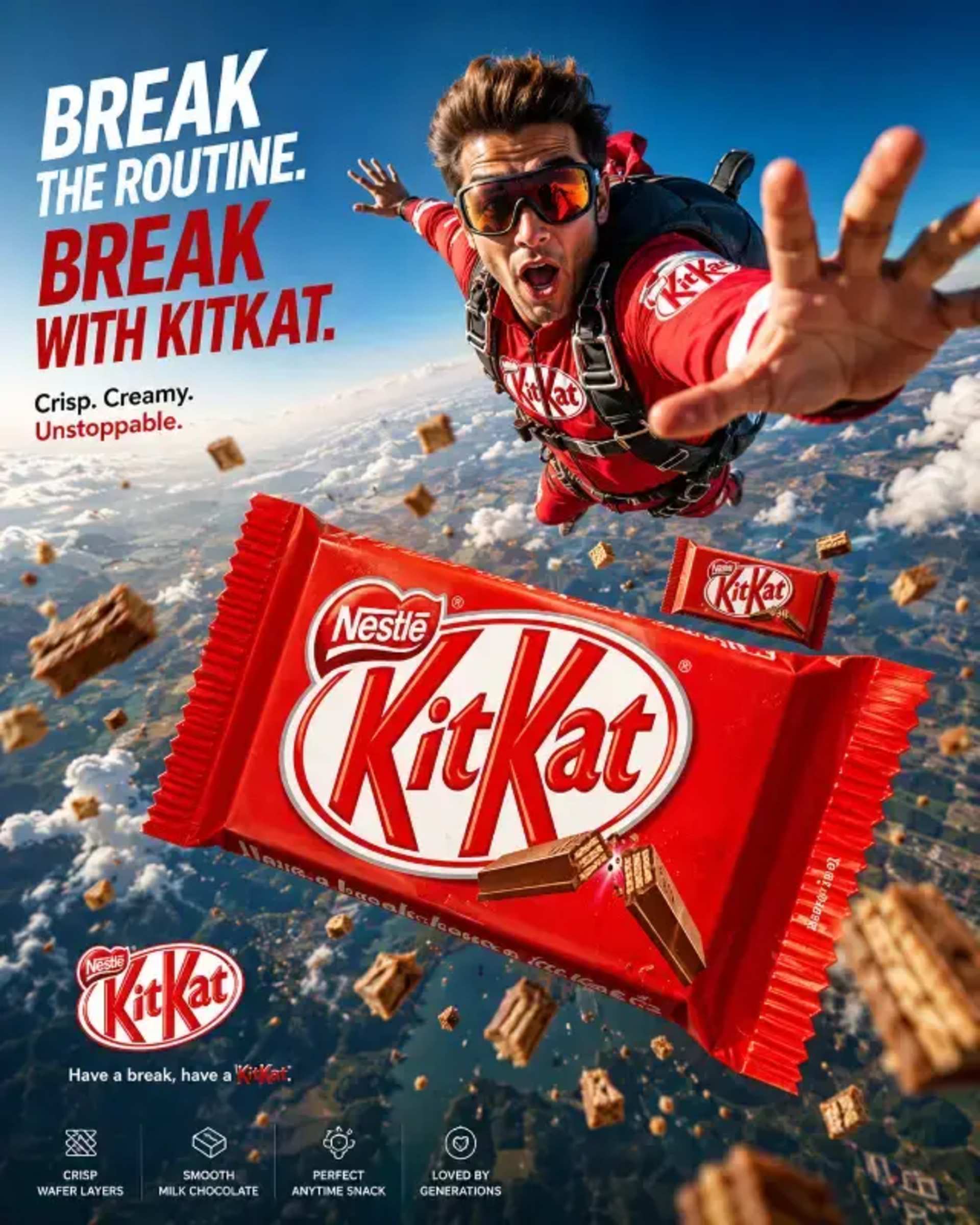 Skydiver Ad: Ultra-Photorealistic Product Visuals - AI Prompt by Prompts Hub Skydiver Ad: Ultra-Photorealistic Product Visuals prompt - commercial ad, photorealistic, product photography, skydiver, advertising campaign, extreme sports, brand marketing, AI image generation