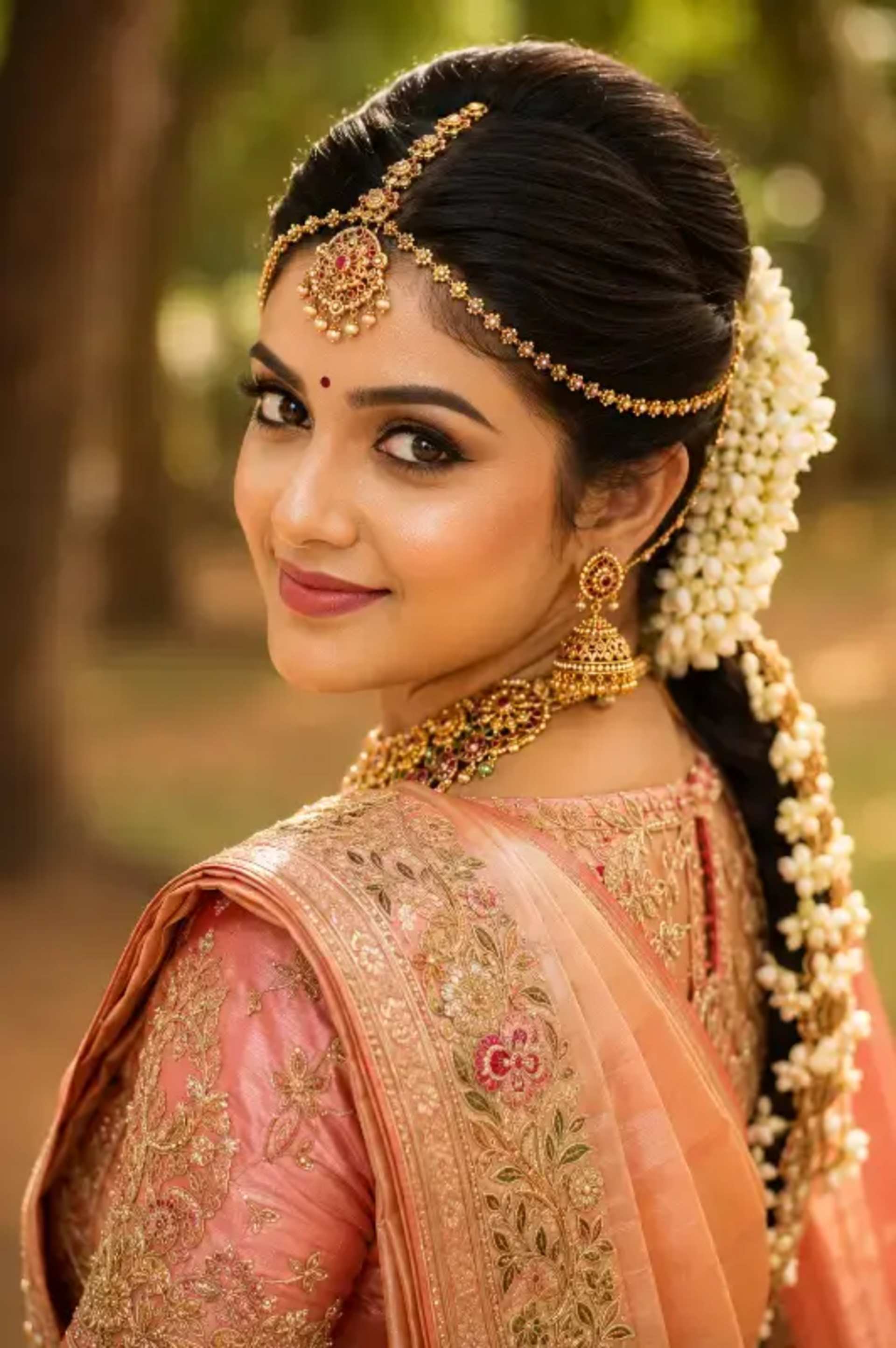 Luxury Indian Bridal Portrait Identity Lock prompt - Indian bridal portrait, face identity lock, luxury photography, AI wedding photography, ethnic bridal shoot, gajra braid, maang tikka, zari saree