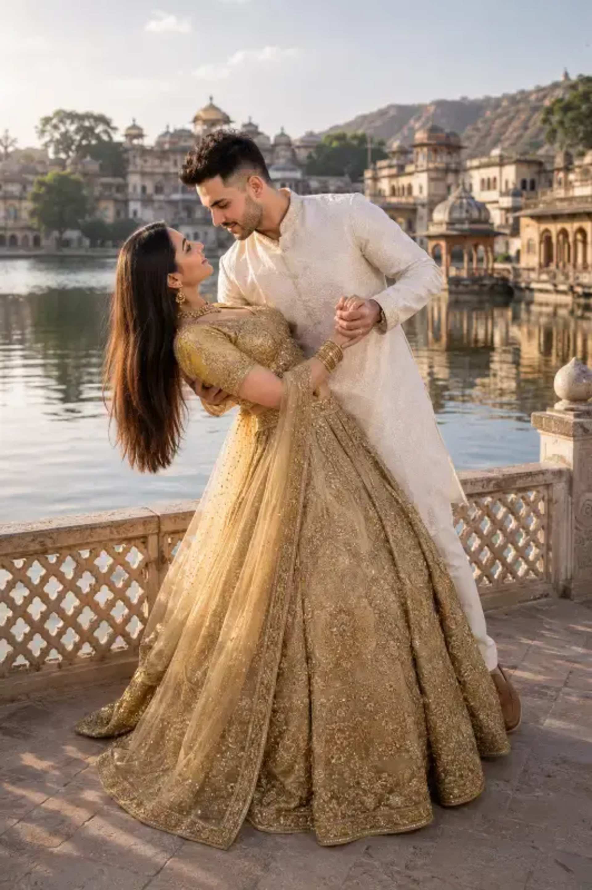 Indian Couple Luxury Cinematic Lake Portrait prompt - indian couple, cinematic portrait, identity preservation, luxury wedding, lehenga, kurta, lake photography, ai image generation, photorealism