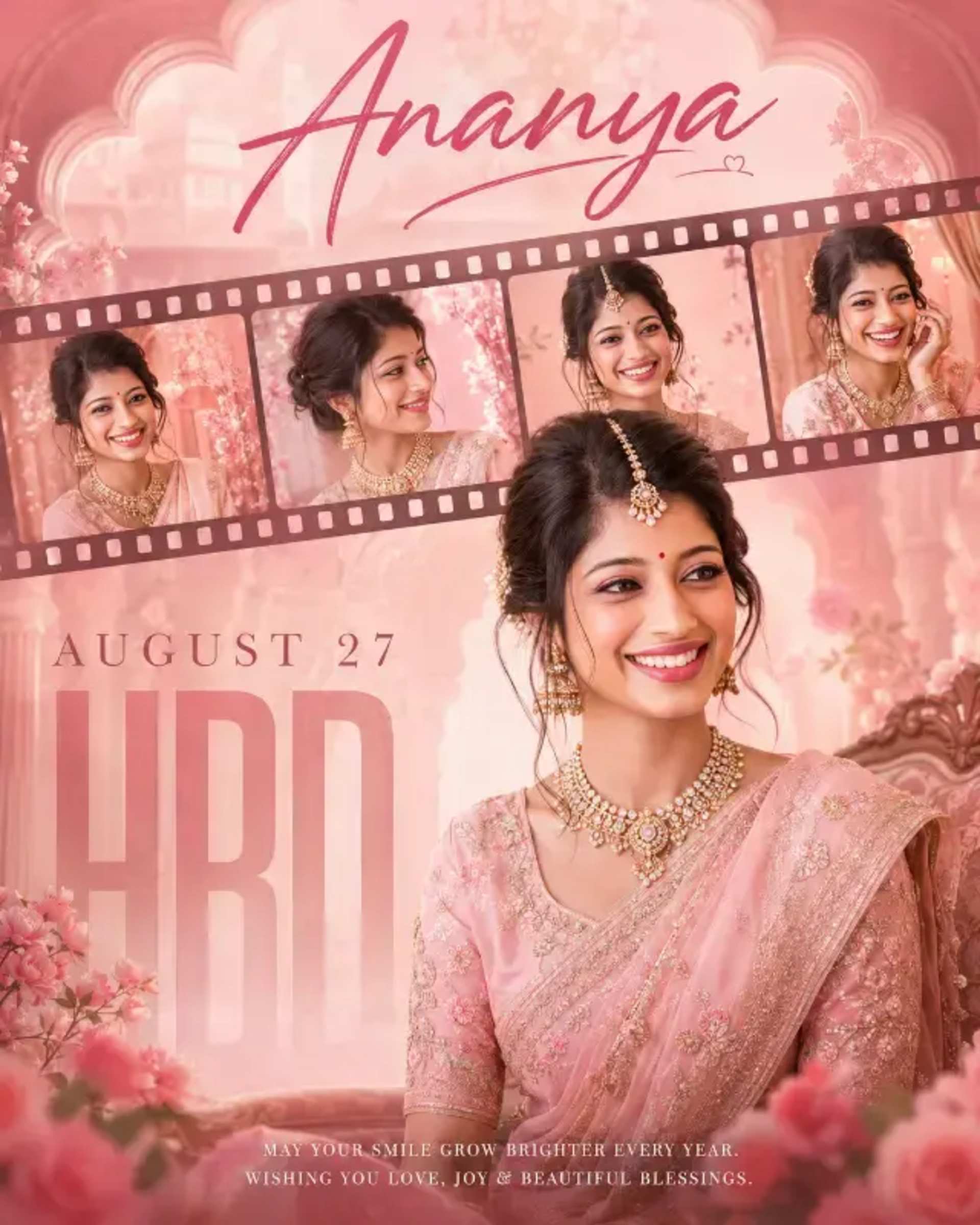 Luxury Indian Birthday Poster: Pink Cinematic Saree prompt - birthday poster, Indian woman, saree, cinematic editorial, blush pink, personalized, AI art, luxury design, film strip, portrait