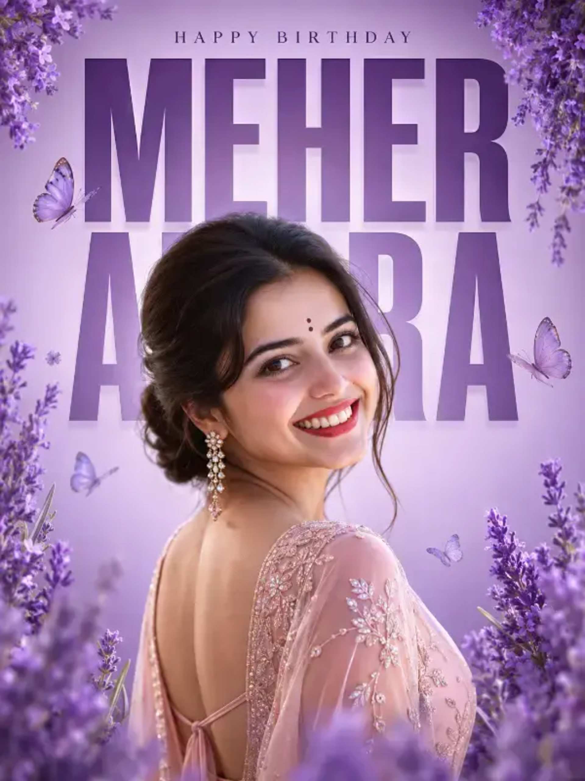 Luxury AI Birthday Portrait Poster prompt - AI portrait, birthday poster, luxury portrait, custom birthday, over-the-shoulder pose, lavender flowers, personalized gift, AI art, premium poster, digital portrait