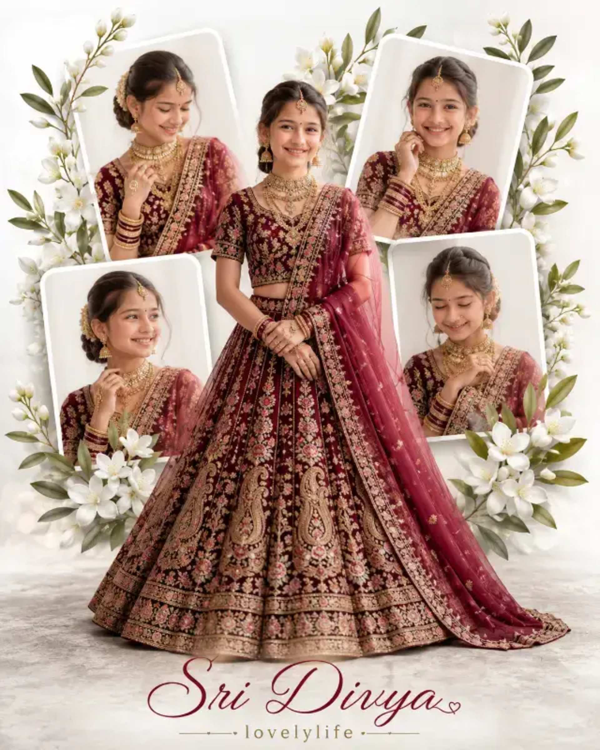 Custom Indian Bridal Collage: Preserve User Identity prompt - Indian bridal, collage poster, identity preservation, luxury lehenga, photorealistic, custom portrait, wedding art, AI image generation, personalized gift