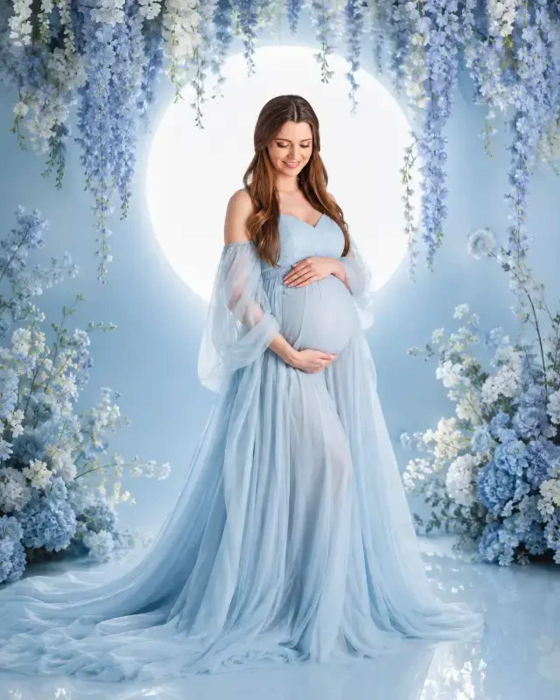 Luxury Maternity Portrait: Your Identity Preserved prompt - luxury maternity portrait, ai maternity photo, identity preservation, baby bump lock, ethereal floral studio, personal photo transformation, dreamy maternity art, fine art maternity, custom maternity photo