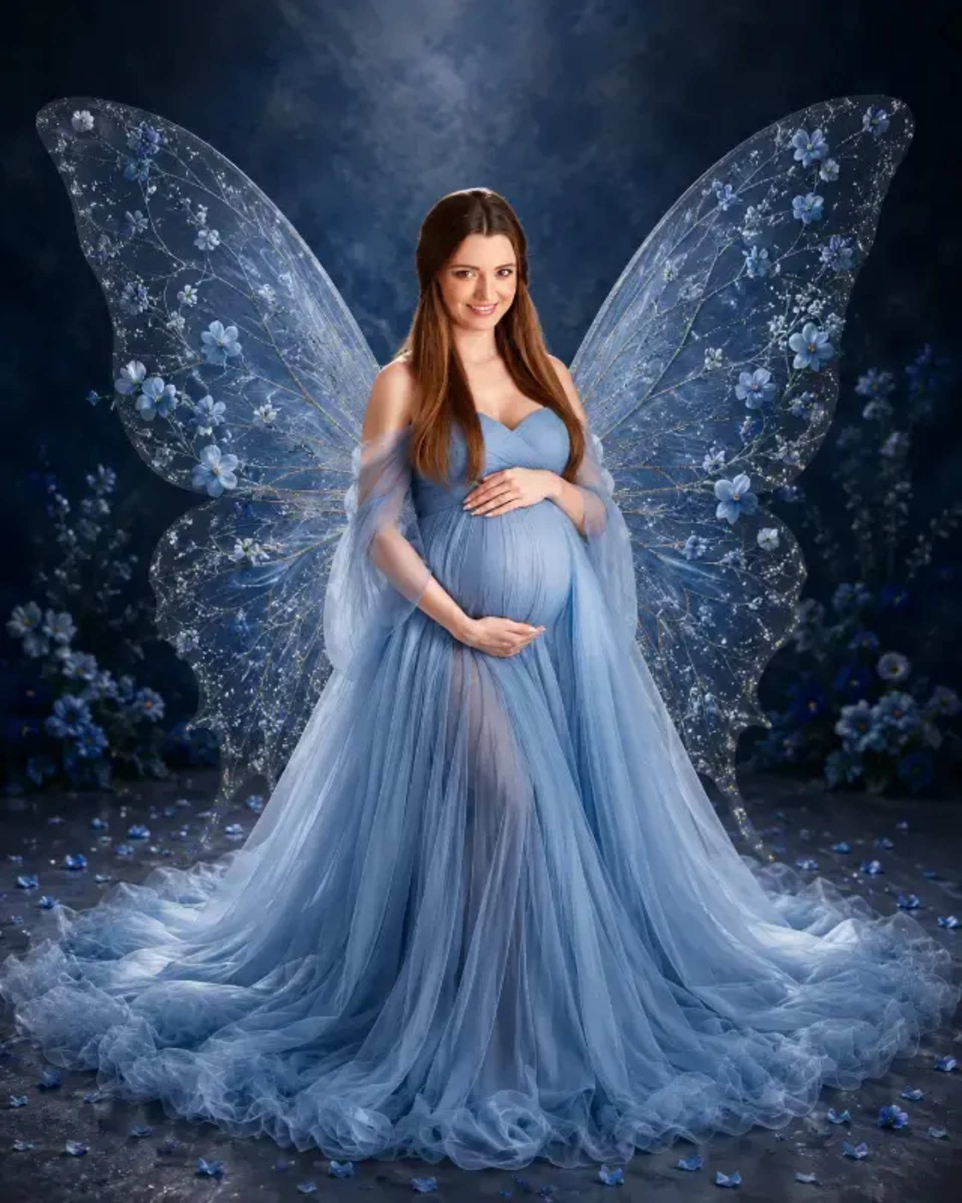 Personalized Fine-Art Maternity Portrait AI prompt - maternity portrait, fine art photography, personalized AI art, pregnancy photo, butterfly wings, blue gown, AI photo generation, identity lock