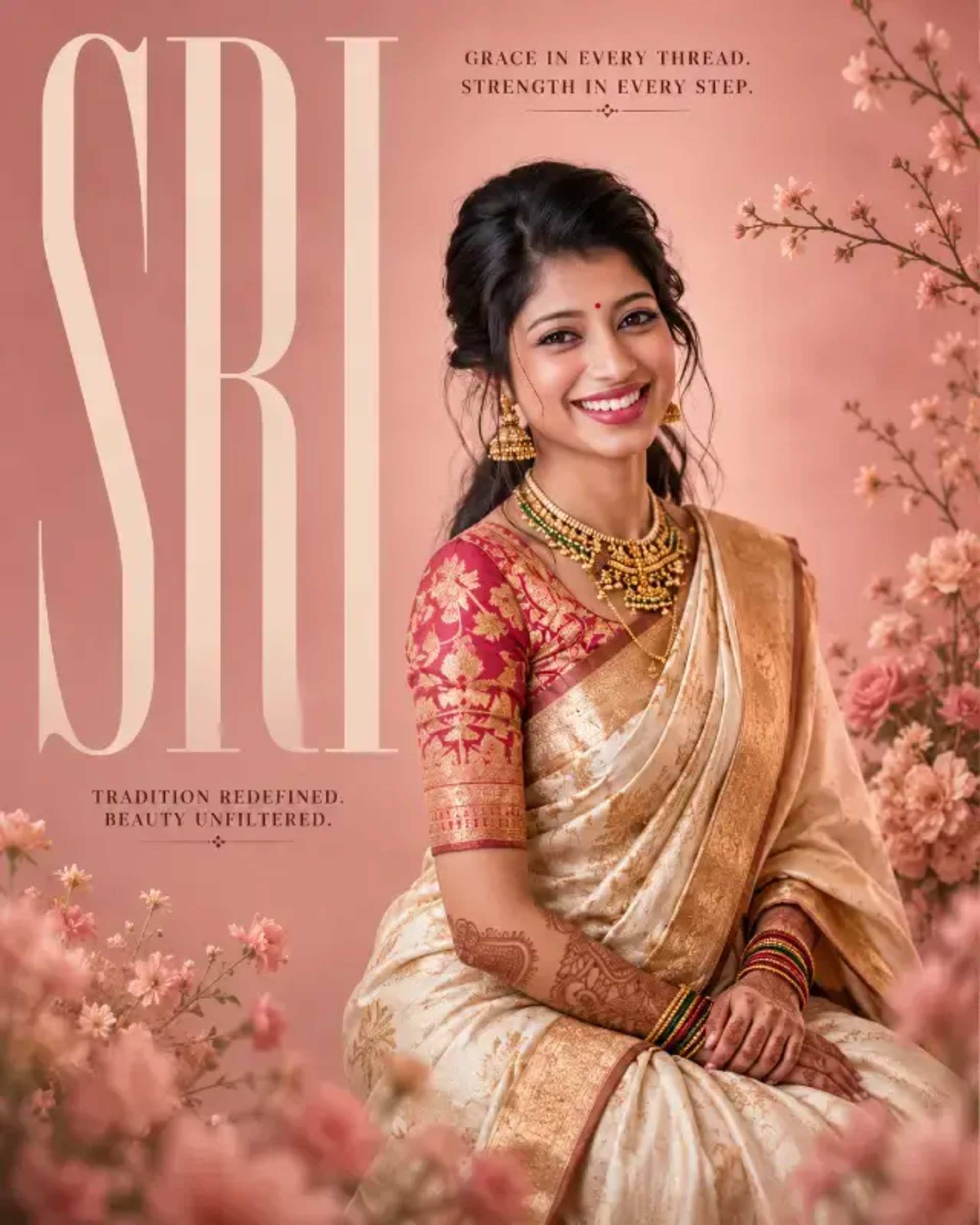 Personalized Indian Fashion Editorial Poster prompt - Indian fashion editorial, personalized portrait, saree poster, AI fashion design, custom photo art, cultural portrait