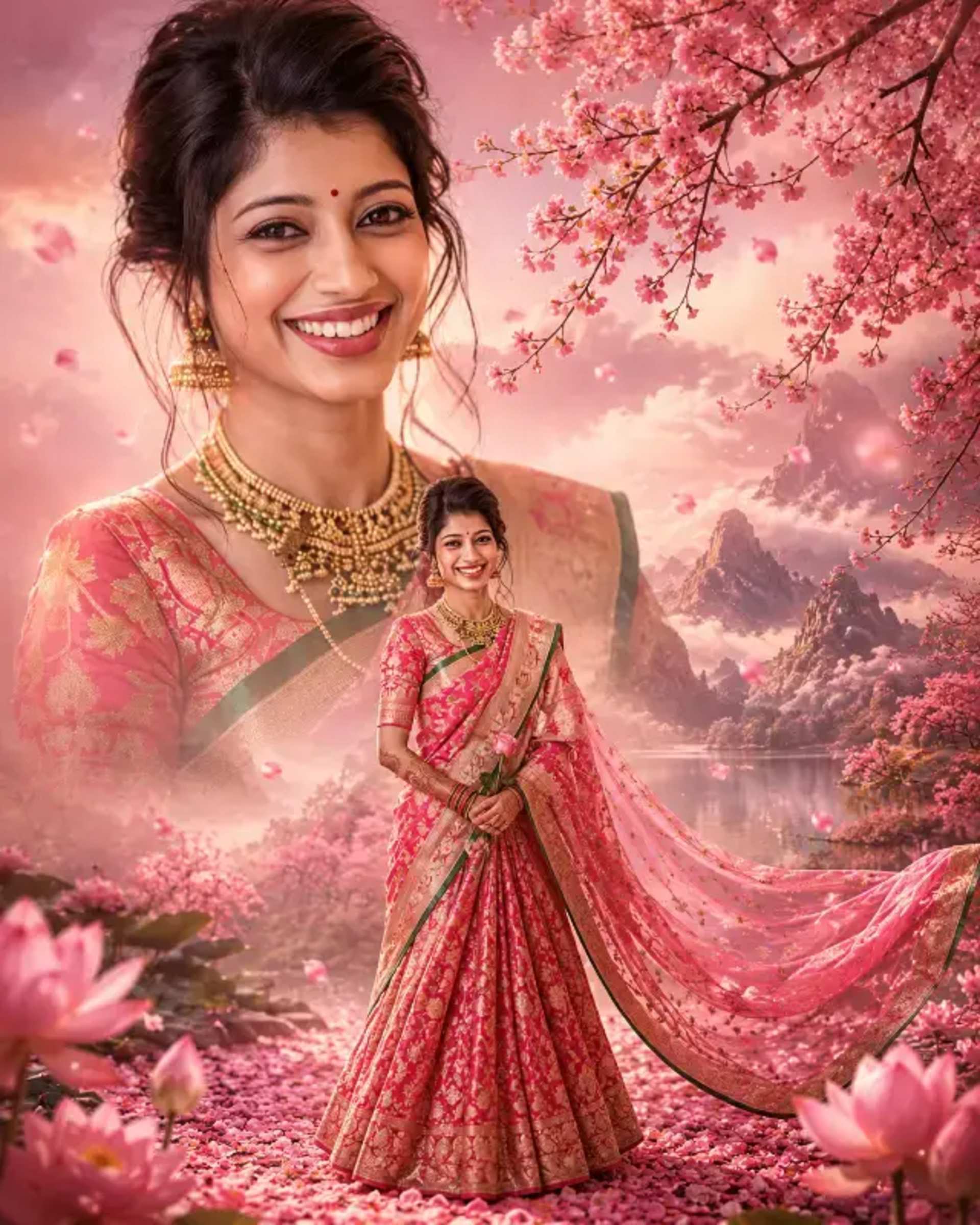 Personalized Indian Bridal Fine-Art Poster prompt - Indian Bridal Art, Personalized Portrait, AI Bridal Poster, Face Identity Lock, Cinematic Wedding Art, Custom Bridal Photo, Pink Lehenga