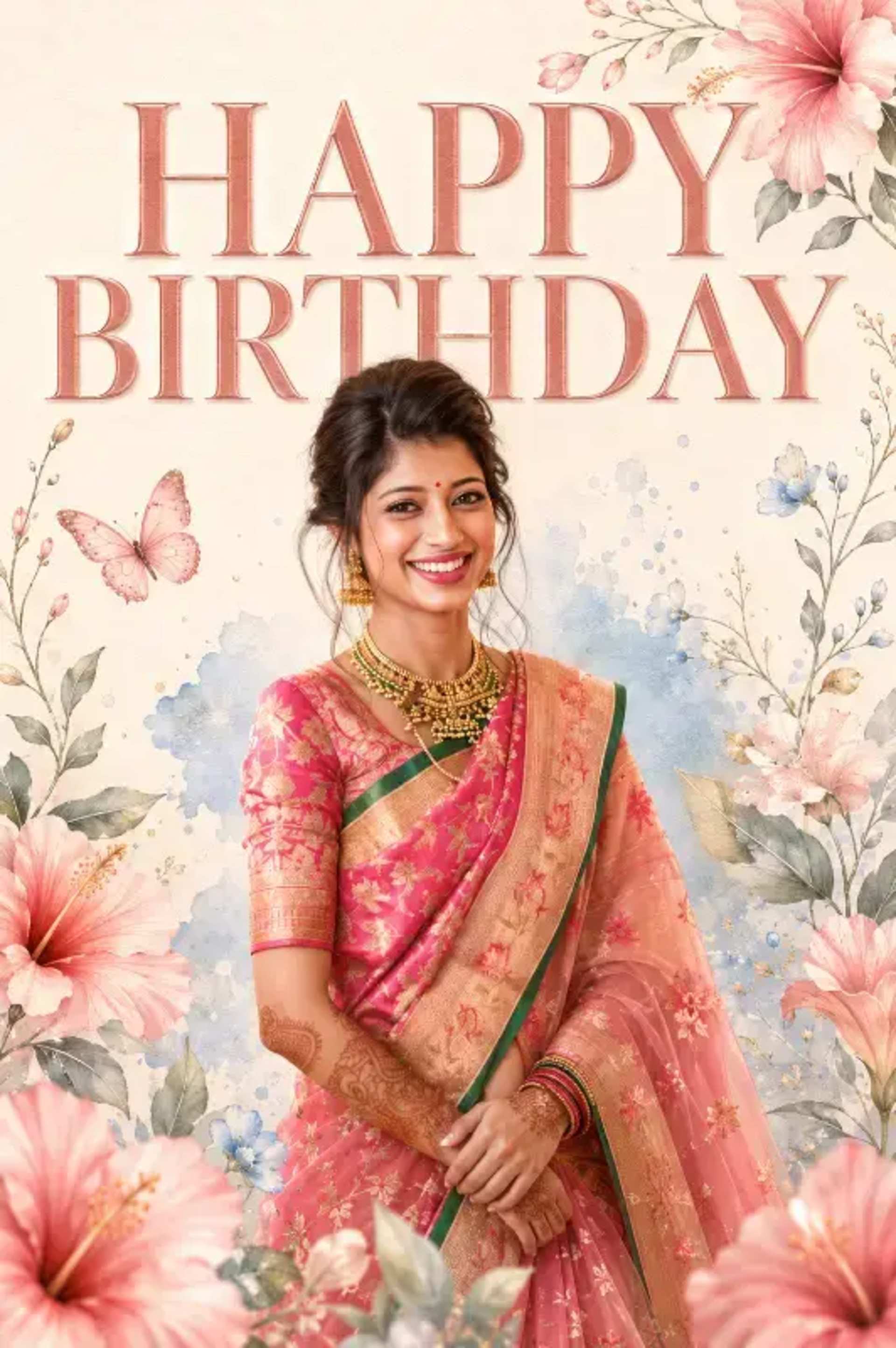 Custom Birthday Portrait: Saree & Flowers (4:5) prompt - Custom Birthday Portrait, Indian Saree Portrait, Personalized AI Art, Editorial Birthday Poster, No Text Art, User Photo Integration, Floral Portrait, Feminine Birthday