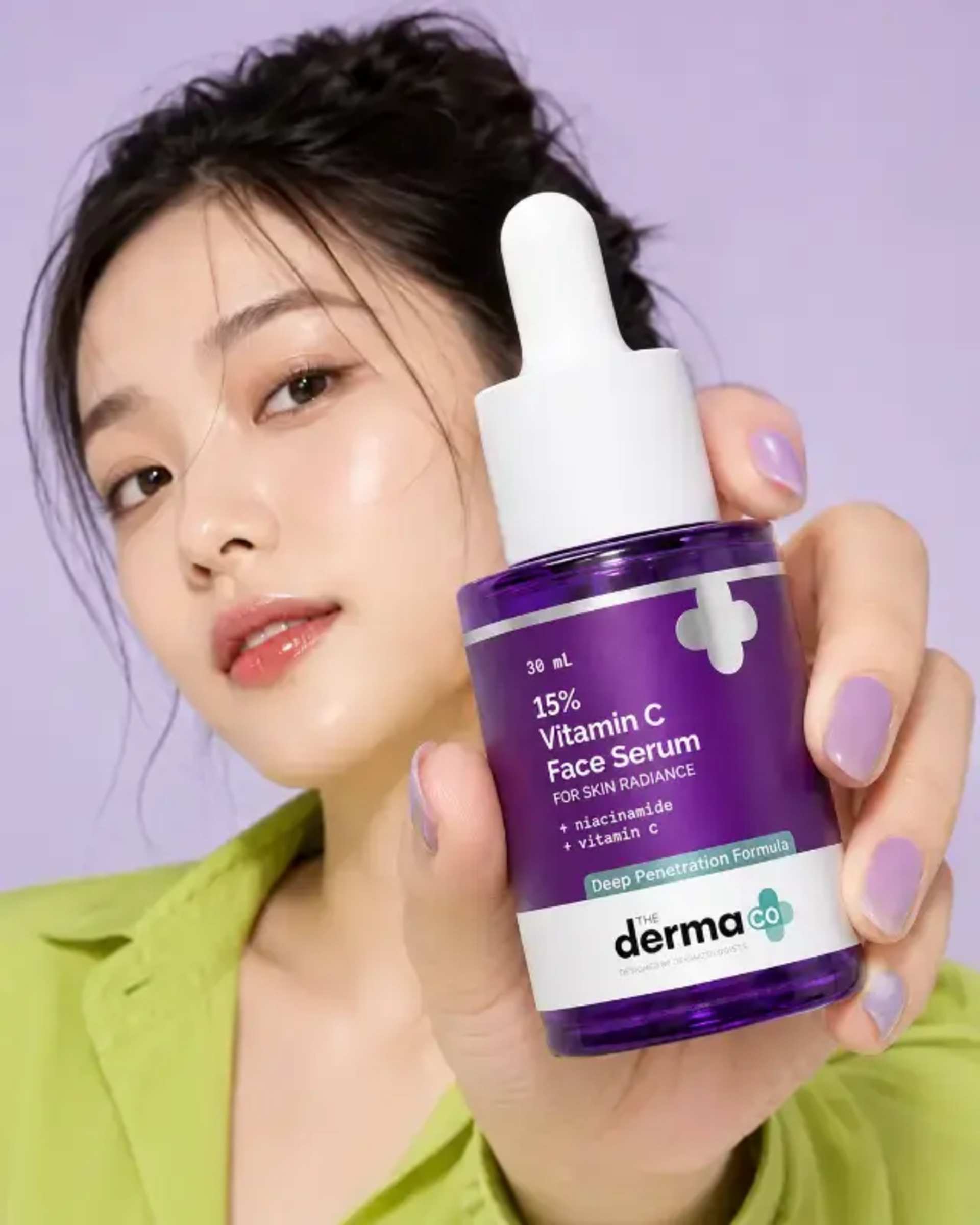 Forced Perspective K-Beauty Ad: Product Focus 4:5 prompt - skincare advertising, cosmetic photography, k-beauty, east asian model, product hero, forced perspective, ai art prompt, beauty campaign, vertical ad, premium imagery