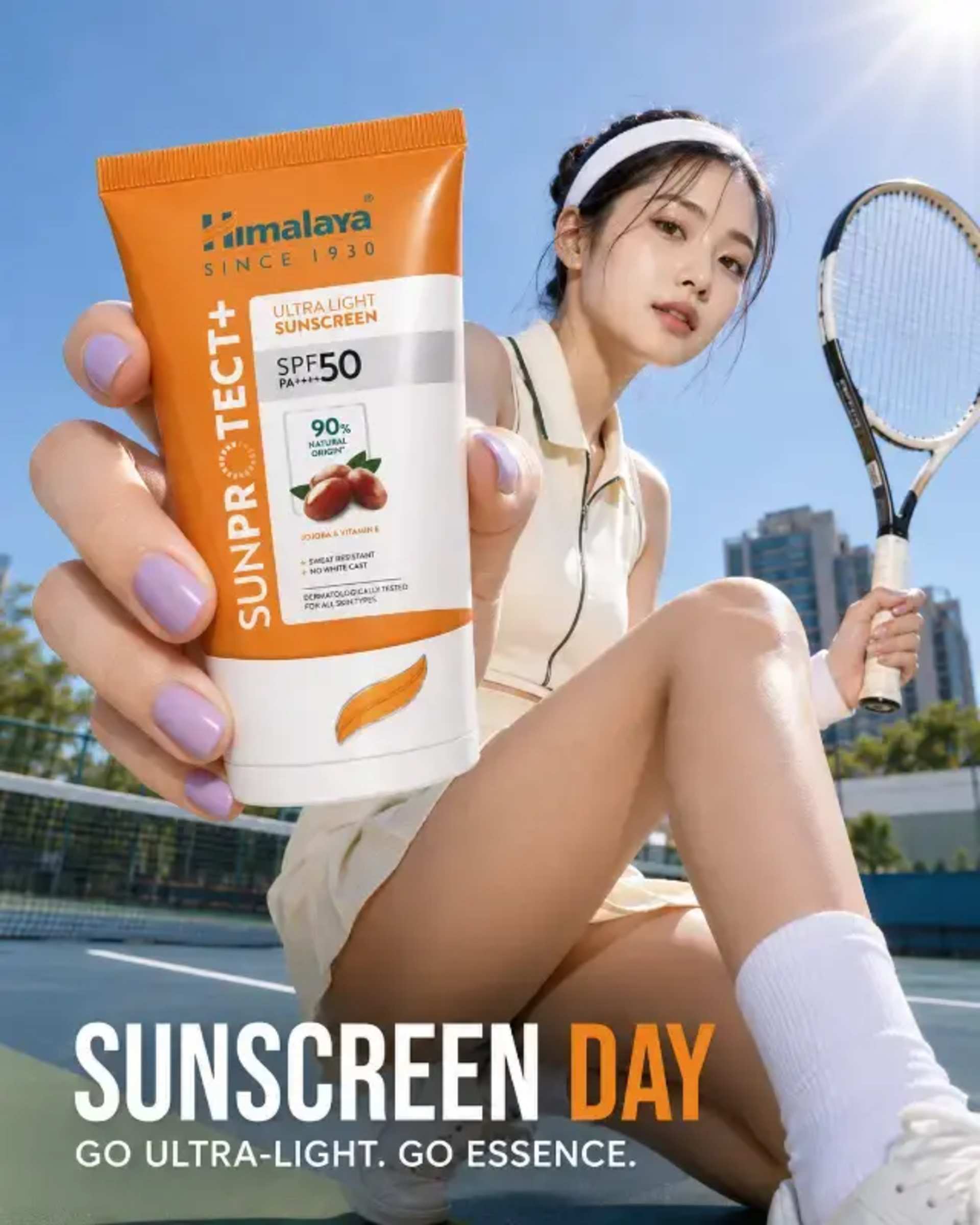 Premium East Asian Sunscreen Tennis Ad Poster prompt - AI Ad Poster, Sunscreen Marketing, Skincare Ad, East Asian Model, Tennis Court Ad, Forced Perspective, Luxury Skincare, Vertical Poster