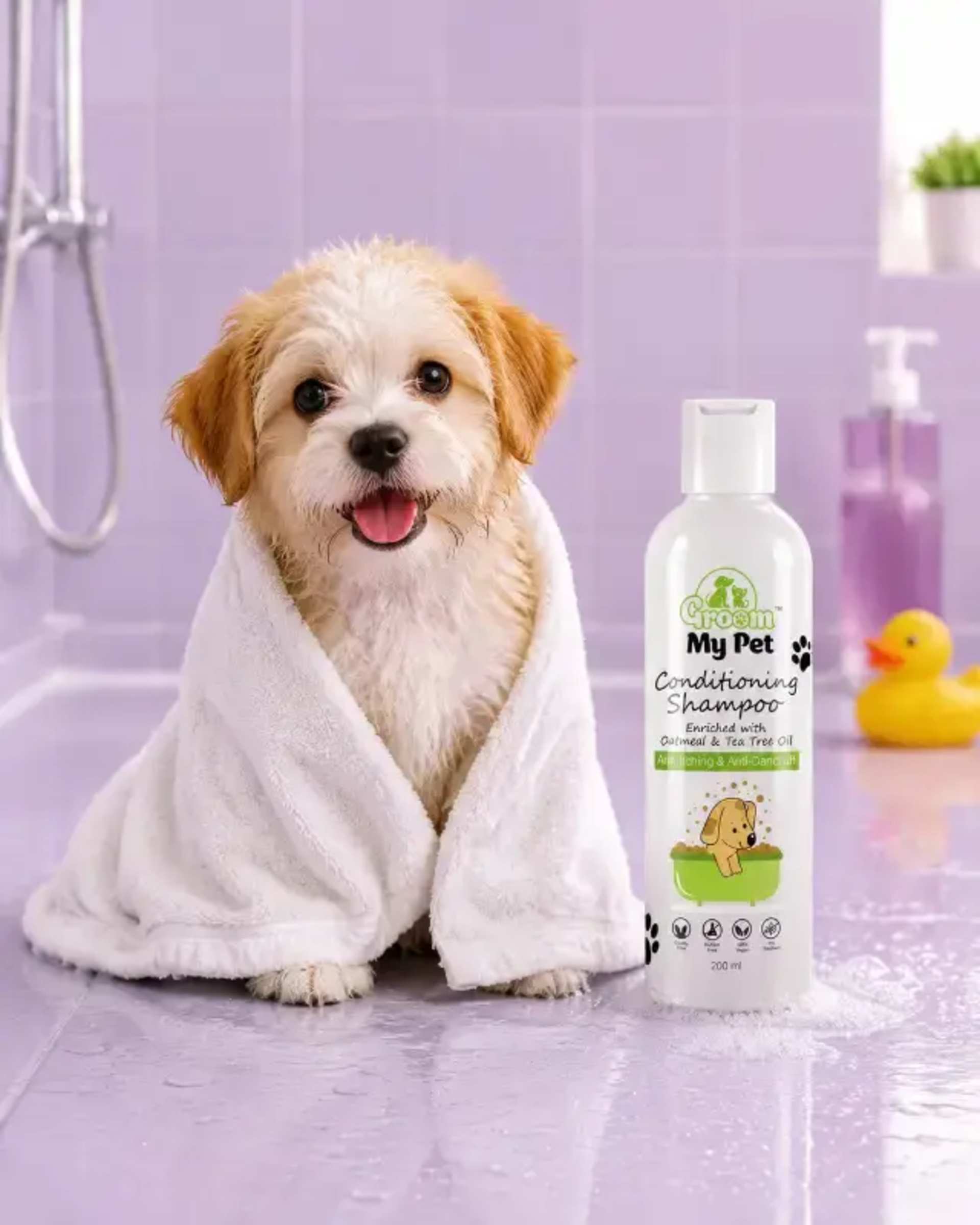 Pet Shampoo Ad: Fluffy Puppy, Lavender Bath prompt - pet product advertisement, visual blueprint, composition lock, pet care photography, AI image generation