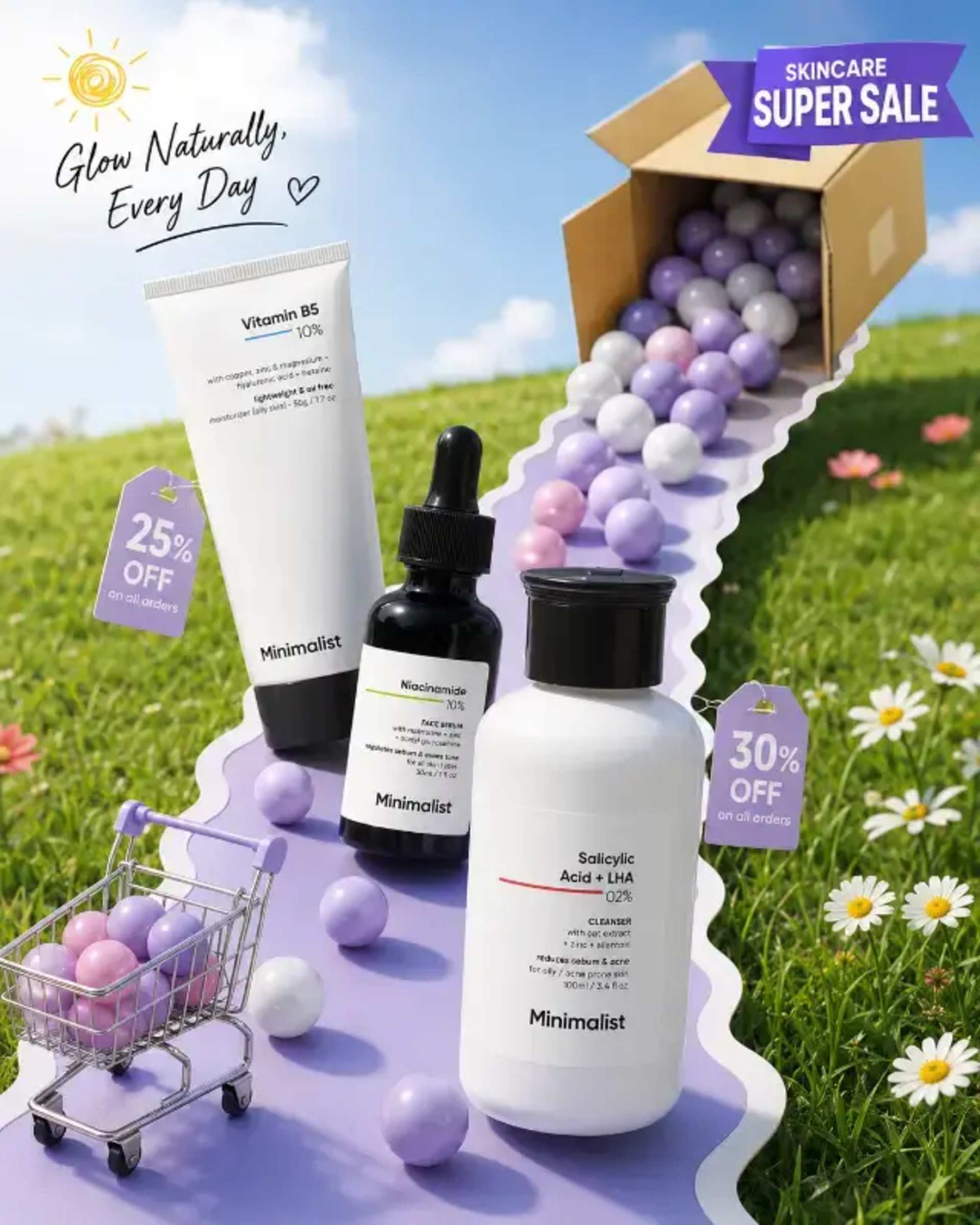 Cosmetic Product Ad Banner - Outdoor Daylight Scene prompt - cosmetic ad, product banner, skincare marketing, outdoor daylight, discount promotion, vertical aspect, 3D elements, product photography, marketing visuals, beauty campaign