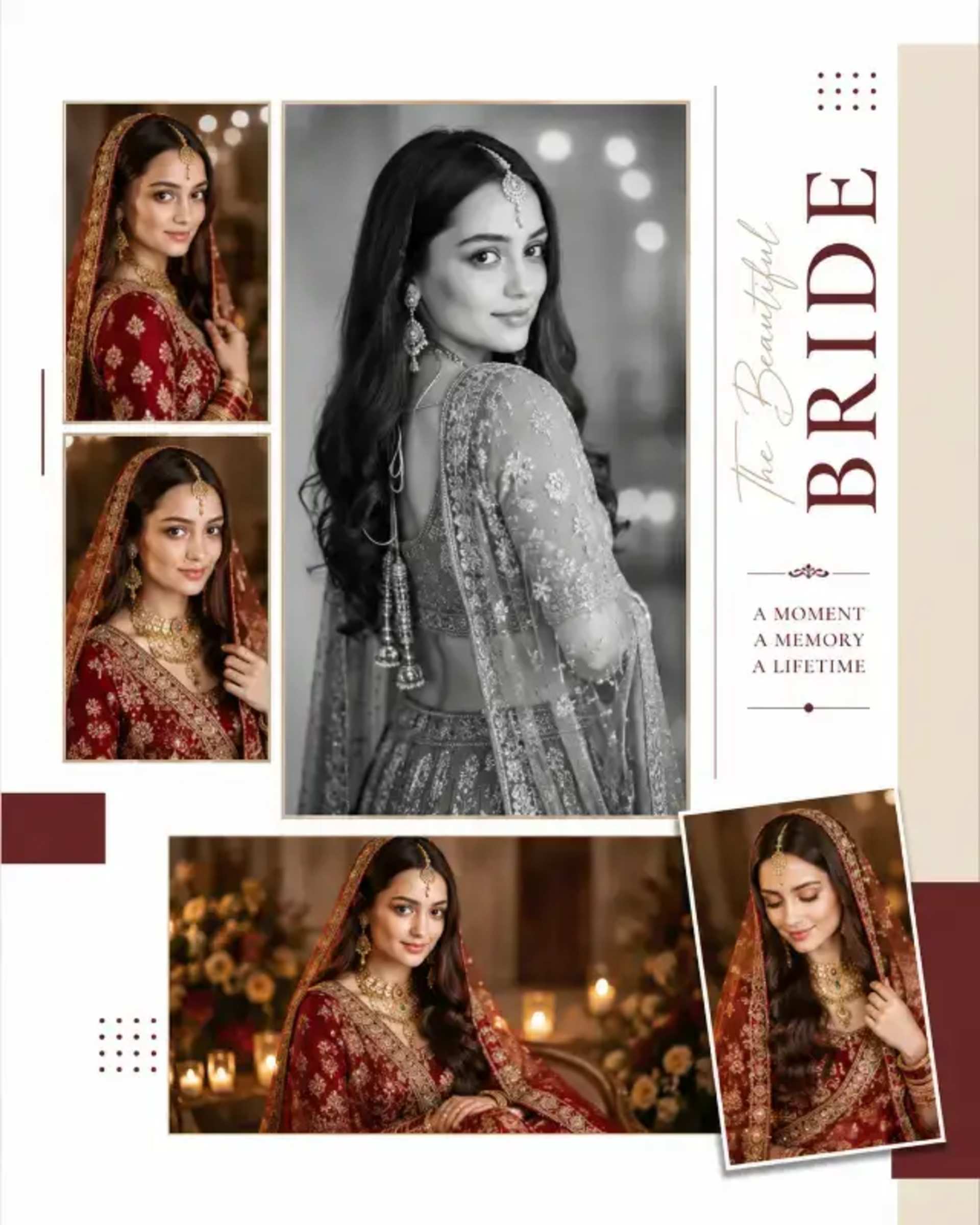 AI Luxury Bridal Album: Exact Layout, Face Lock prompt - AI wedding album, bridal photography, exact layout recreation, face identity lock, Indian bride, luxury album design, photorealistic, AI art, wedding design