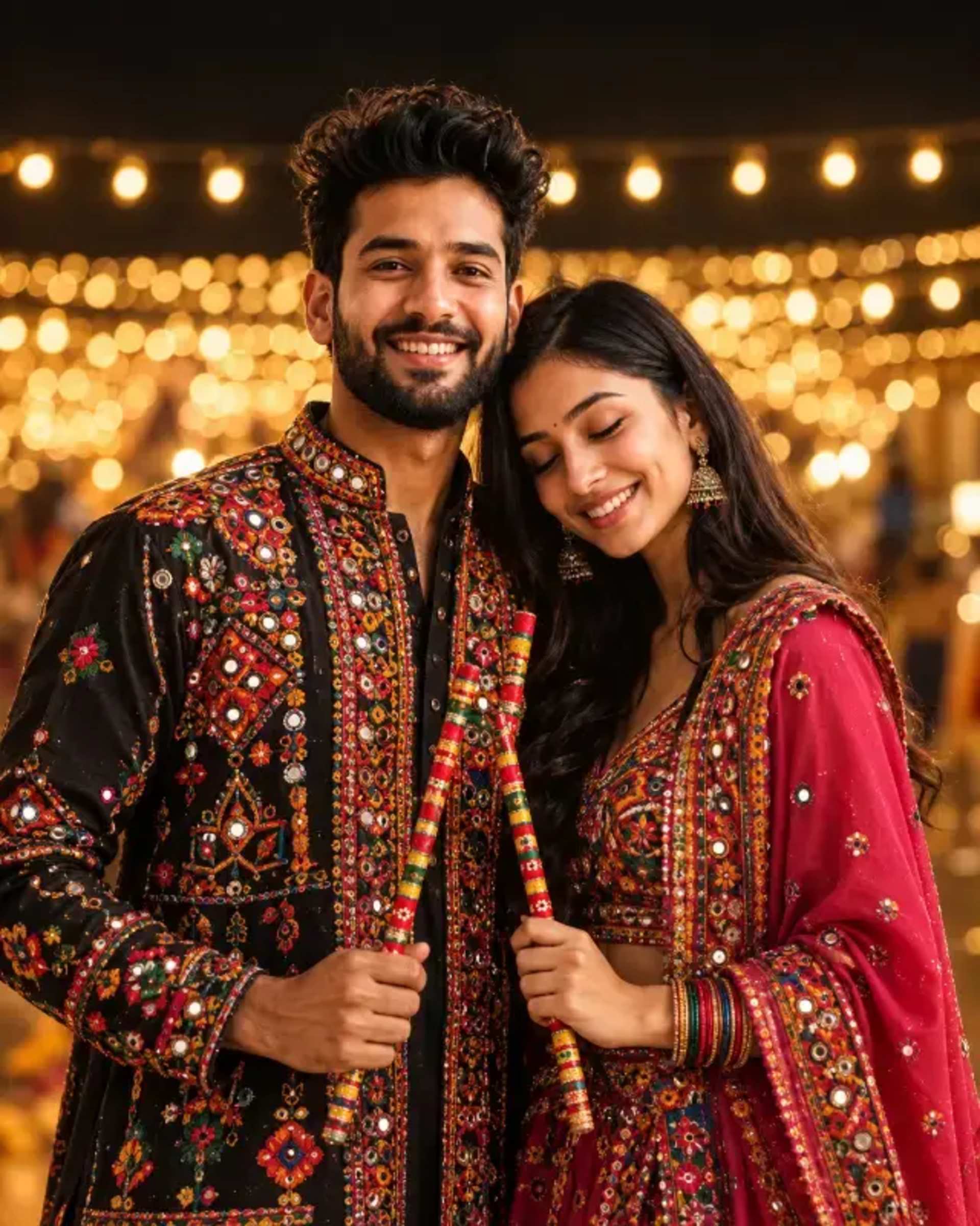 Navratri Couple Portrait: Recreate Identity - AI Prompt by Prakash Sharma Navratri Couple Portrait: Recreate Identity prompt - Navratri portrait, couple image reconstruction, Indian festive photography, dandiya portrait, AI image generation, photorealistic couple, fixed composition prompt, cultural portrait, garba celebration