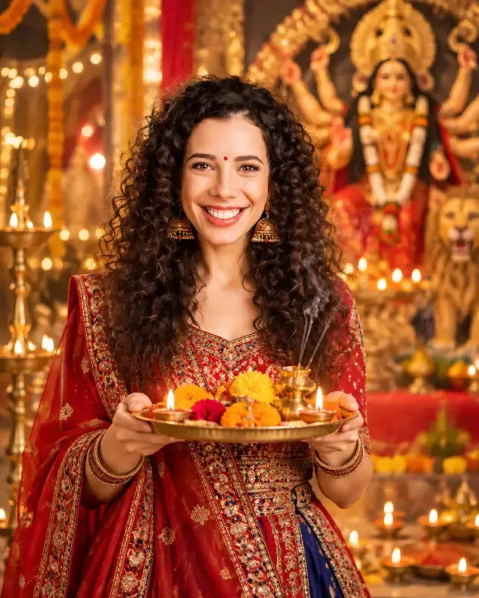 Cinematic Navratri Puja Portrait from Photo prompt - Navratri portrait, Puja ceremony, Traditional Indian attire, AI photo realism, Festival celebration, Identity preservation, DSLR cinematic, Cultural photography