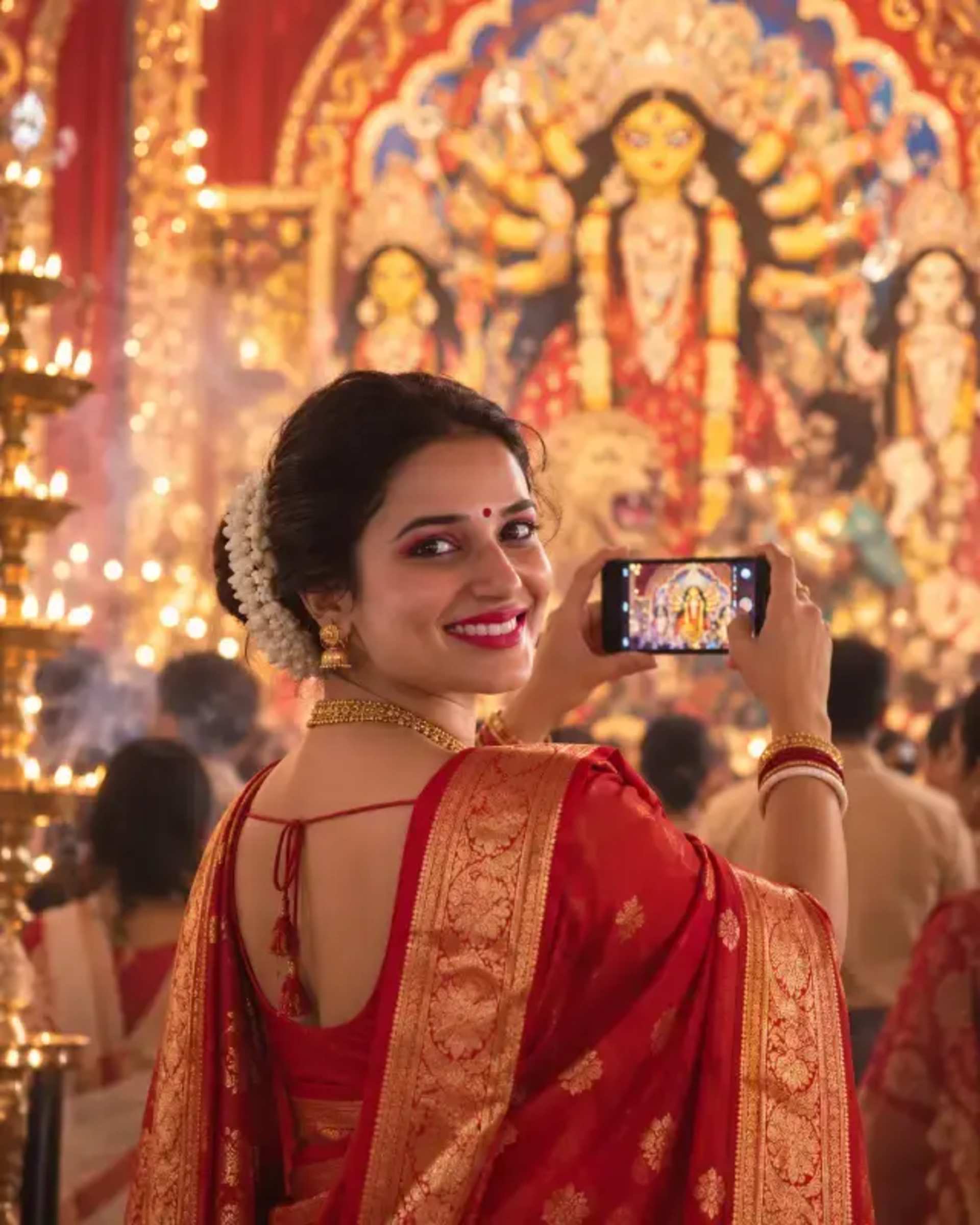 Cinematic Durga Puja Portrait: Preserve Identity - AI Prompt by Prakash Sharma Cinematic Durga Puja Portrait: Preserve Identity prompt - Durga Puja, Cinematic Portrait, Identity Preservation, Bengali Saree, AI Photo, Festival Art, Realistic AI, Cultural Portrait, Indian Festival