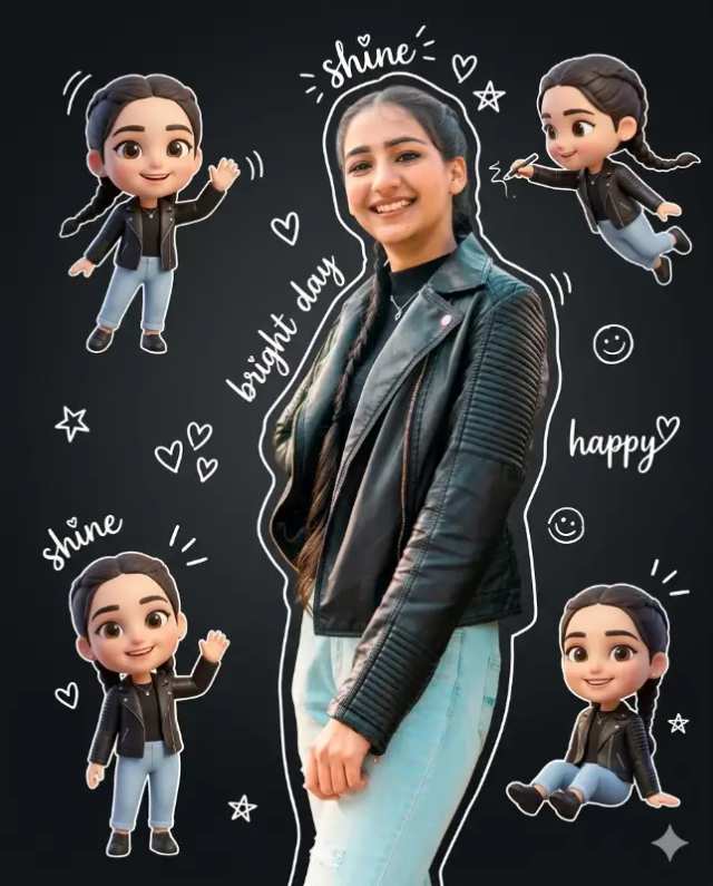The Chibi Squad Blueprint prompt - Indian woman portrait, Sage green lehenga, Cute chibi avatars, Digital art illustration, Chalk doodle aesthetic, Smiling South Asian model, Traditional Indian fashion, Positive character design