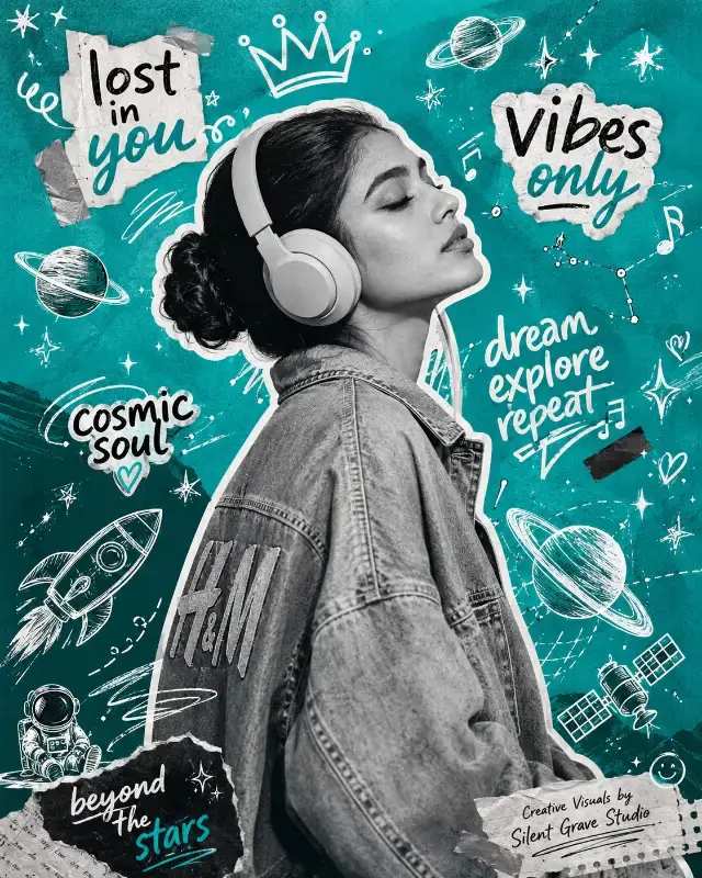 Y2K Scrapbook Music Editorial Poster prompt - young woman portrait, wireless headphones, y2k aesthetic, collage art, streetwear fashion, graphic design, space art, black and white photography