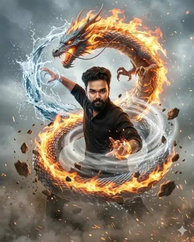 Photorealistic Cinematic Elemental Dragon Man AI prompt