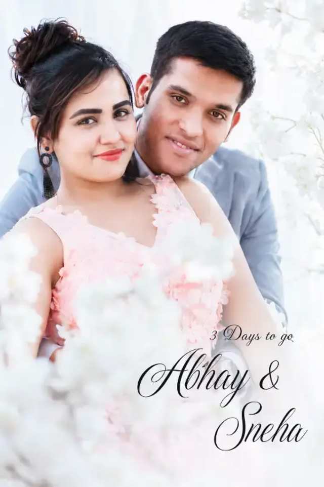 Realistic South Asian Engagement Couple Portrait prompt - South Asian engagement photo, cinematic high-key portrait, romantic couple close-up, dreamy white background, 8K realistic detail, shallow depth of field flowers, pre-wedding countdown, soft focus aesthetic, candid affectionate pose, vibrant floral dress