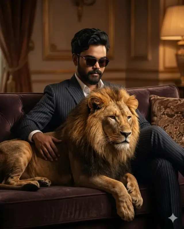Cinematic Luxury Executive Lion Portrait prompt - ultra-photorealistic portrait, cinematic executive portrait, AI identity preservation, man with lion portrait, luxury interior photography, 8K detail cinematic, full-frame camera portrait, 85mm portrait lens, shallow depth of field, luxury crime-drama poster