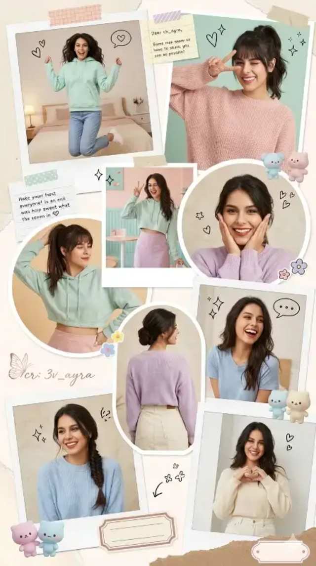 Consistent Woman Korean Scrapbook Collage prompt - realistic AI photo collage, consistent character generation, Korean beauty aesthetic, pastel fashion lifestyle, soft cinematic lighting portrait, asymmetrical scrapbook design, high definition editorial, 3D chibi doodle art, natural skin texture, multi-pose character identity