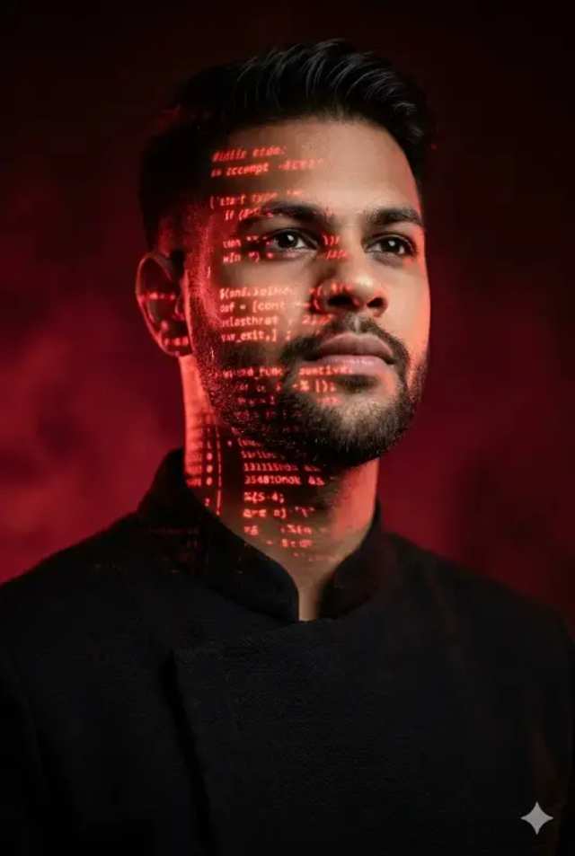 Red Cyberpunk Code Projection Portrait AI prompt
