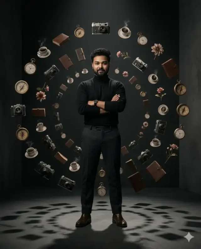Cinematic Surreal Orbital Portrait prompt - cinematic portrait, editorial photography, surrealism art, floating objects, dark studio, photorealistic, men's fashion, vintage items