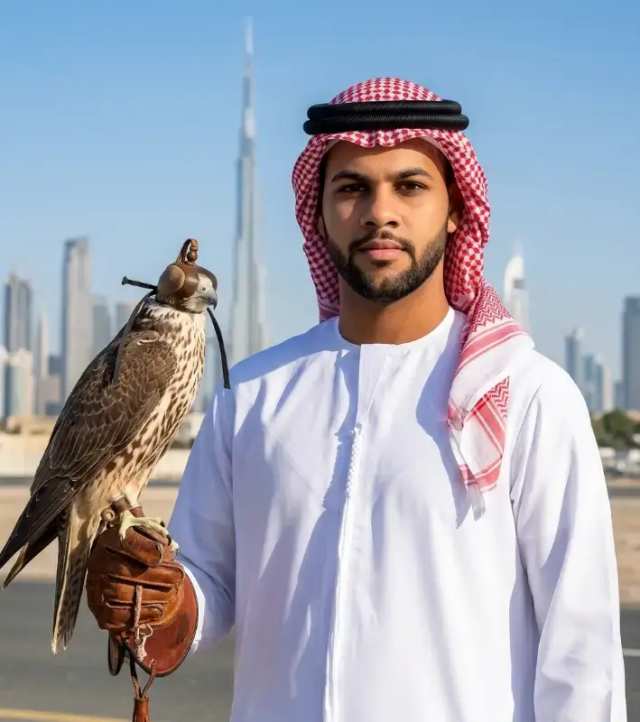 Ultra Photorealistic, Falconry Portrait, Dubai Skyline, Gulf Arab Culture, Traditional Thobe, Burj Khalifa AI prompt
