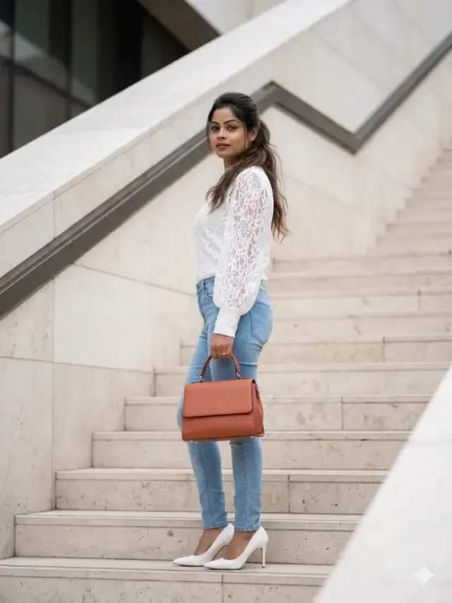 Casual Girl Urban Fashion Editorial prompt - fashion photography, elegant woman, urban architecture, casual chic fashion, white lace blouse, light blue jeans, luxury handbag, natural light portrait
