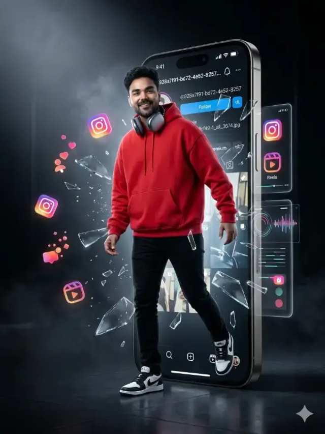 Cinematic Giant Phone Shatter Ad prompt - photorealistic, cinematic lighting, futuristic studio, giant smartphone, social media influencer, shattered glass effect, red hoodie