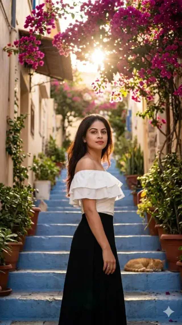 Sunlit Mediterranean Alley Woman Portrait prompt - young woman portrait, mediterranean alley, photorealistic photography, cinematic portrait, natural lighting, white ruffled top, ginger cat, potted plants