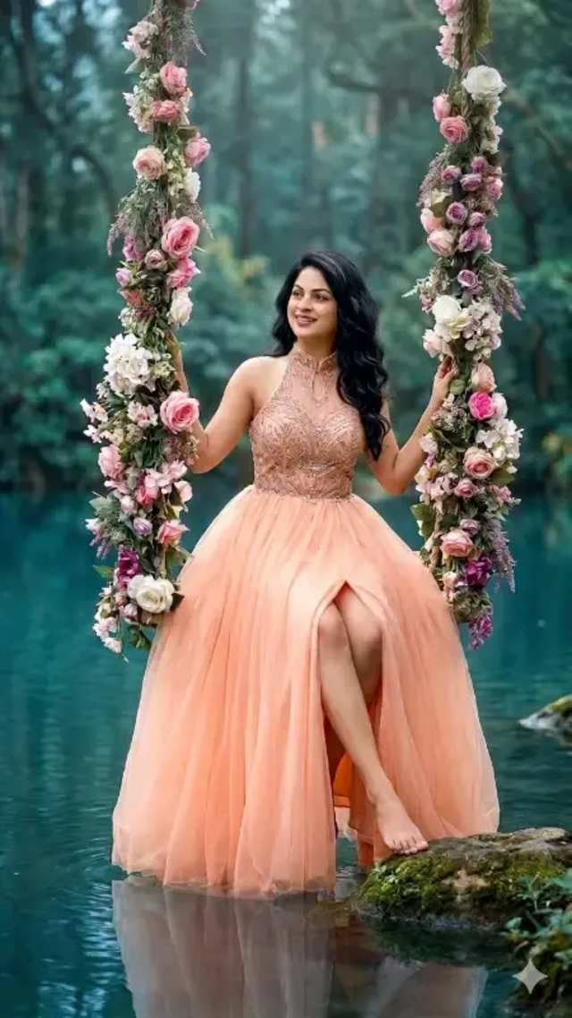 Fashion Woman Floral Swing Lake Portrait prompt - woman portrait, fashion photography, peach dress, floral swing, lake background, forest background, natural light, photorealistic